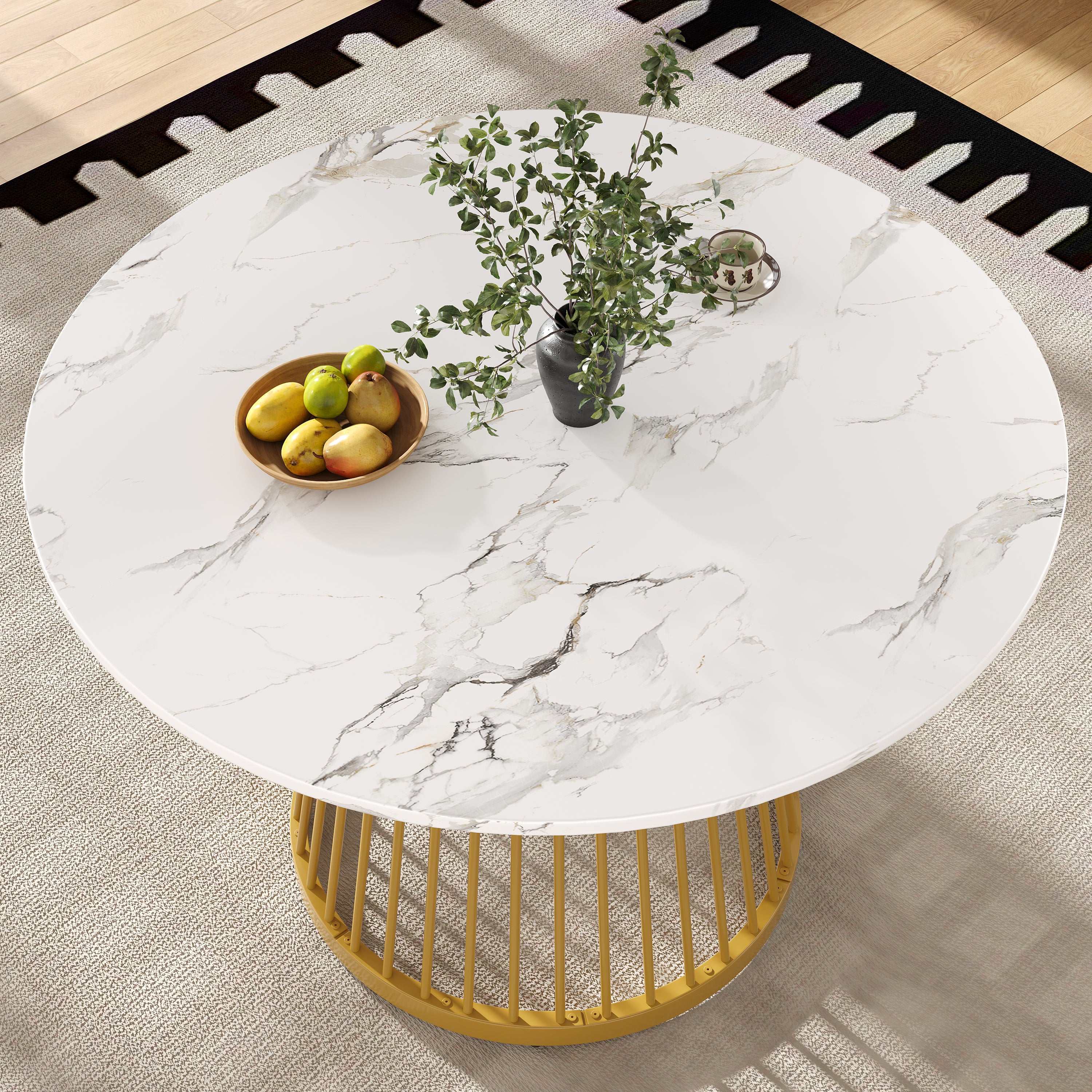 Round Dining Table 80cm 4-Person MDF Marbled Top Gold Legs - Image 3