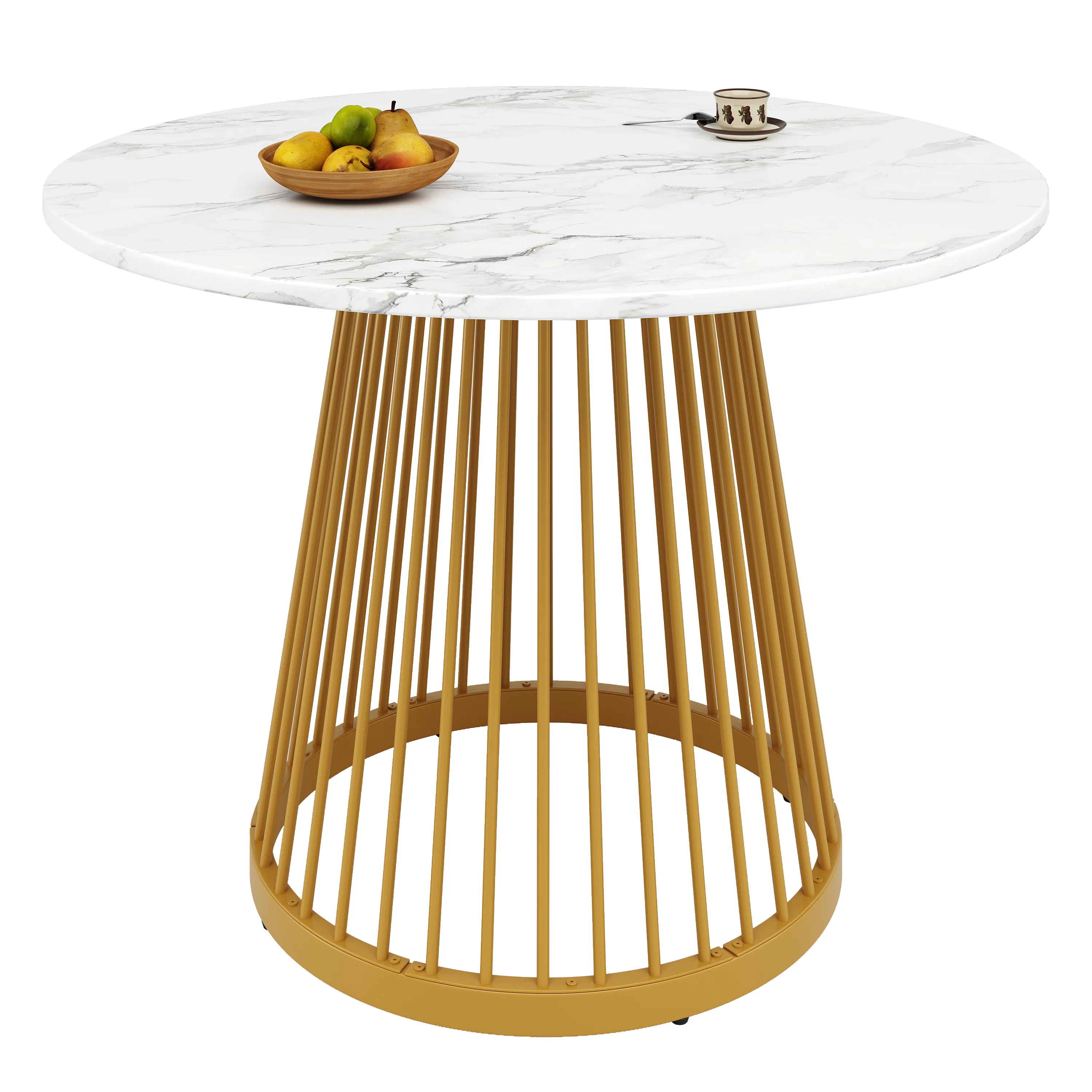 Round Dining Table 80cm 4-Person MDF Marbled Top Gold Legs - Image 7