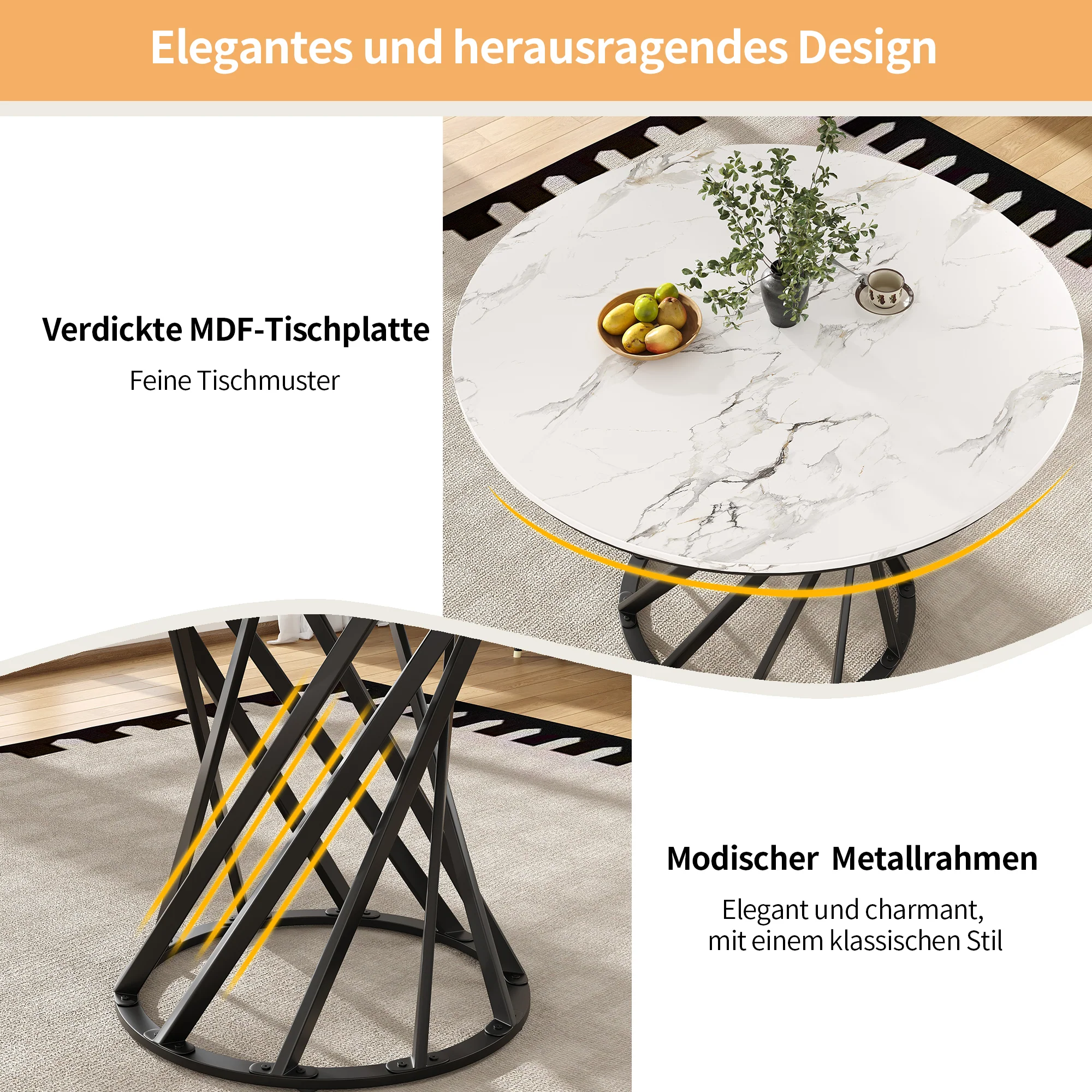 Round Dining Table 80cm for 4 Marbled MDF Top Black Metal Legs - Image 10