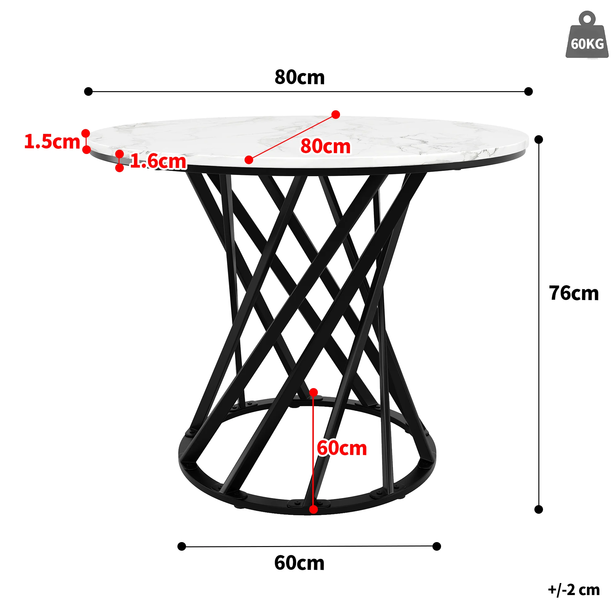 Round Dining Table 80cm for 4 Marbled MDF Top Black Metal Legs - Image 3