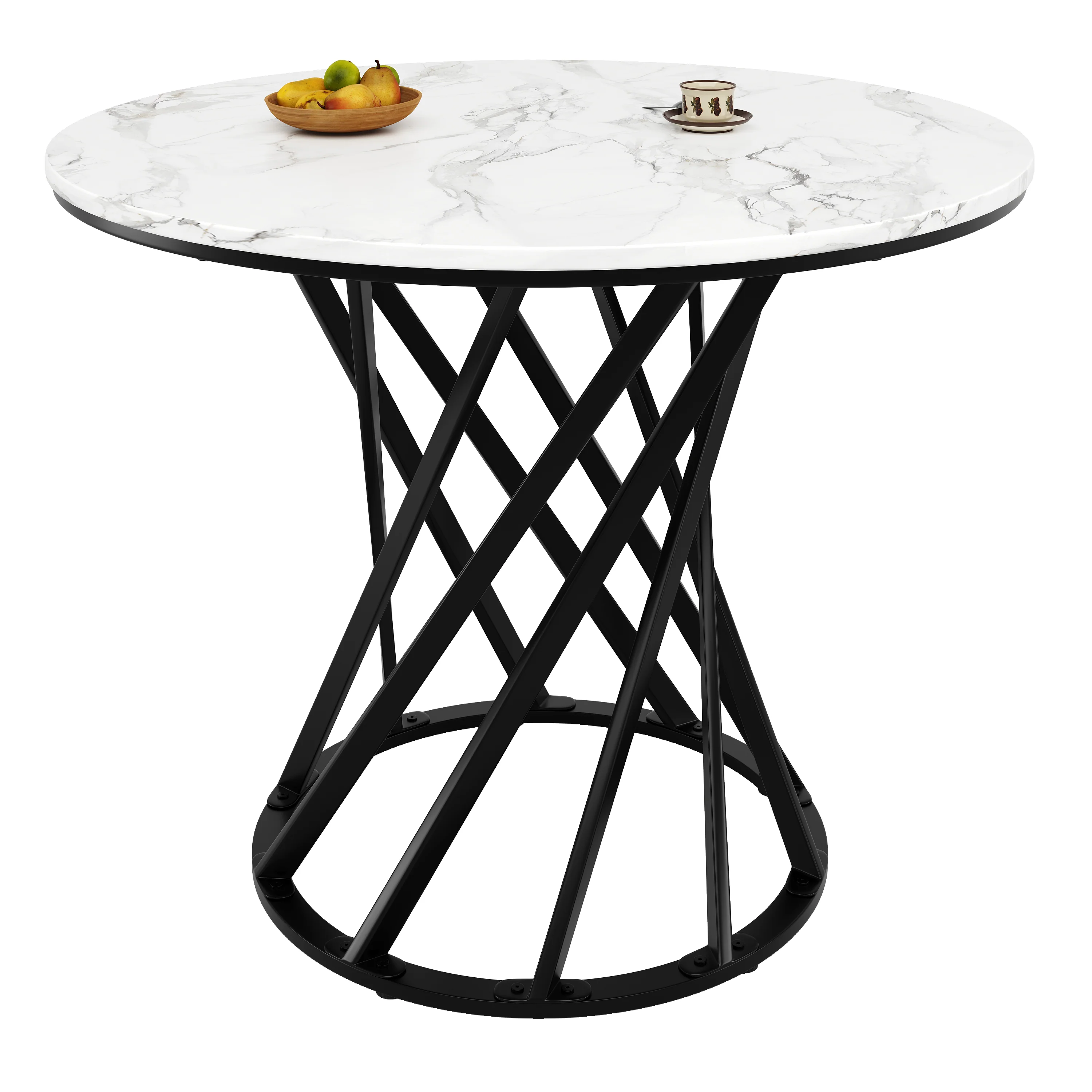 Round Dining Table 80cm for 4 Marbled MDF Top Black Metal Legs - Image 6