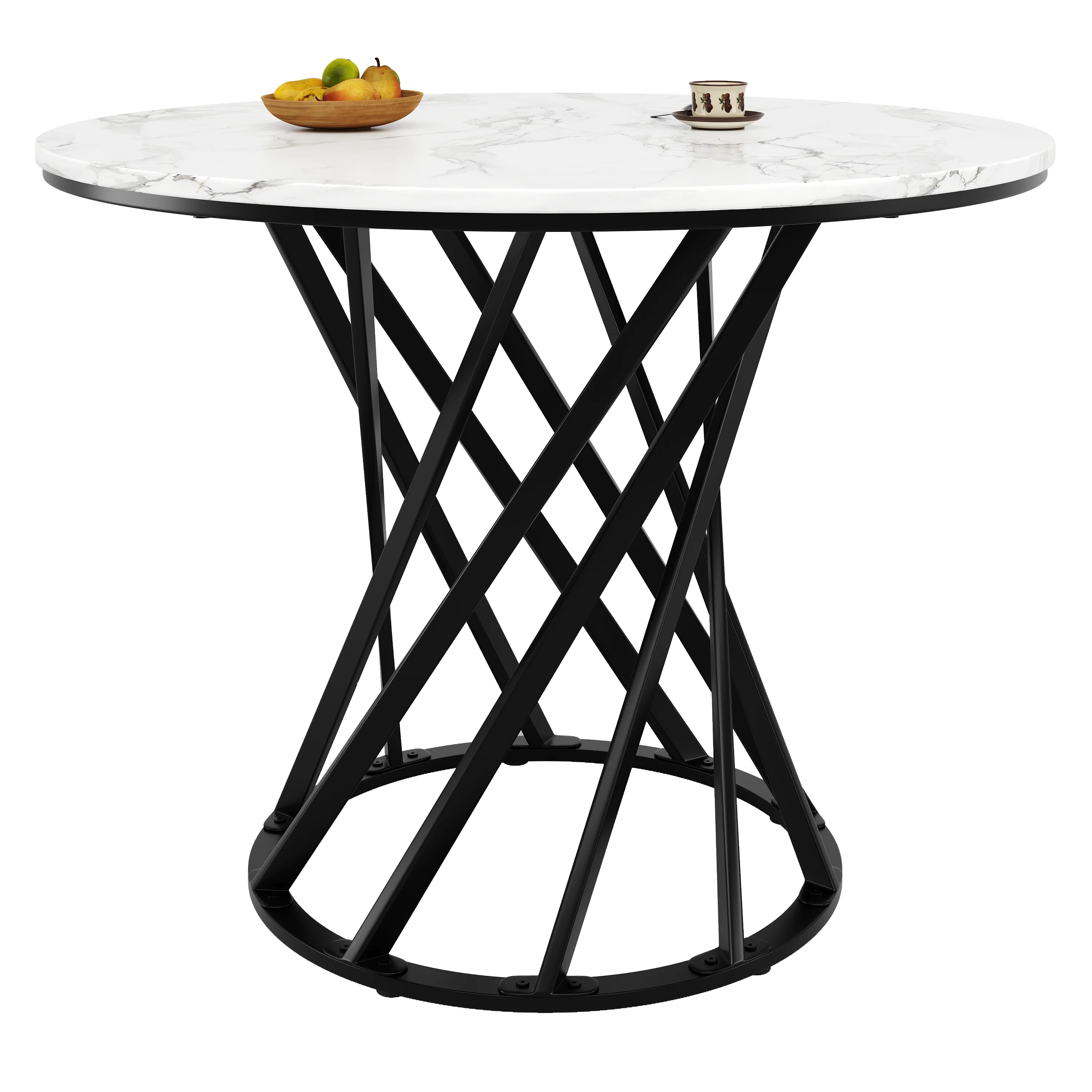 Round Dining Table 80cm for 4 Marbled MDF Top Black Metal Legs - Image 8