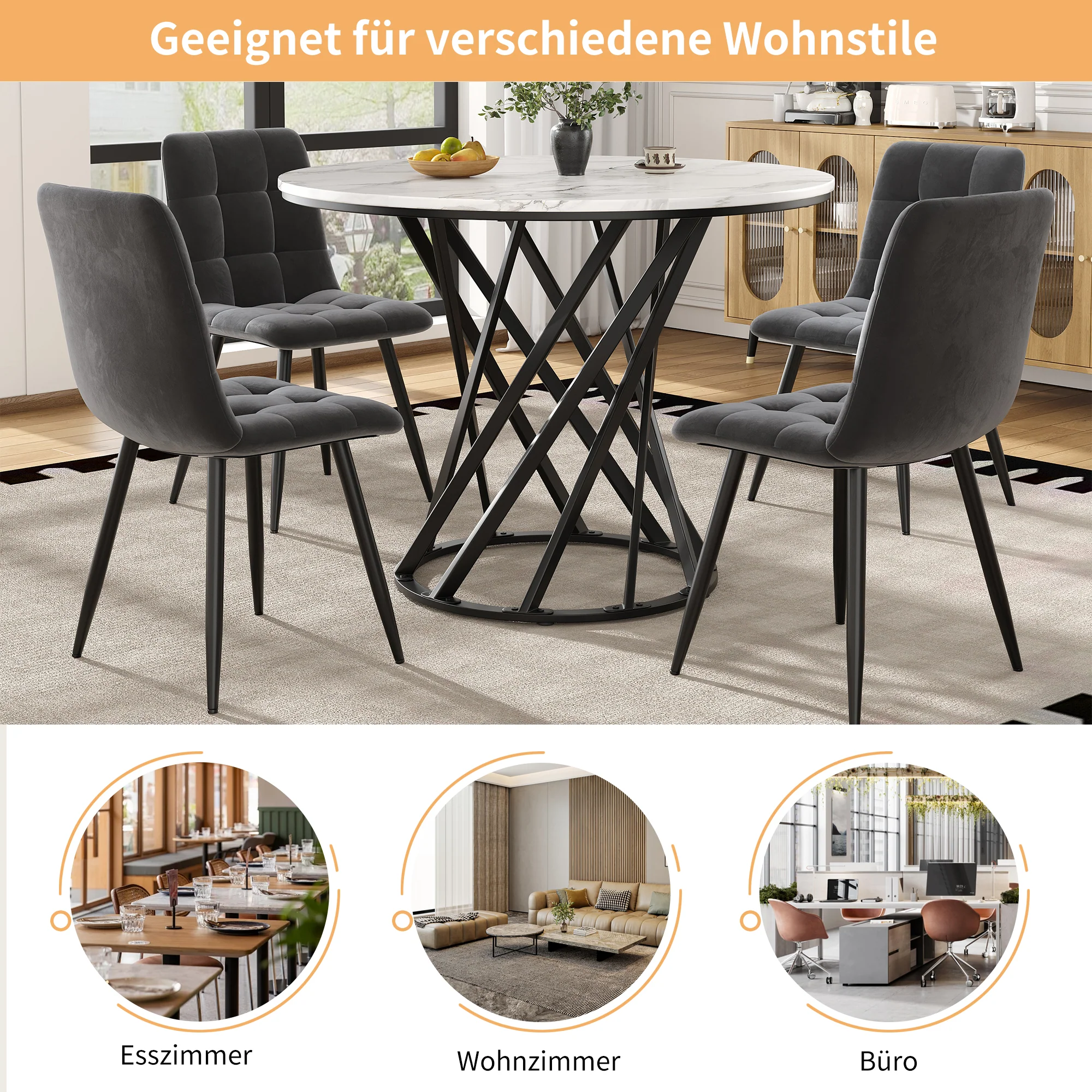 Round Dining Table 80cm for 4 Marbled MDF Top Black Metal Legs - Image 9