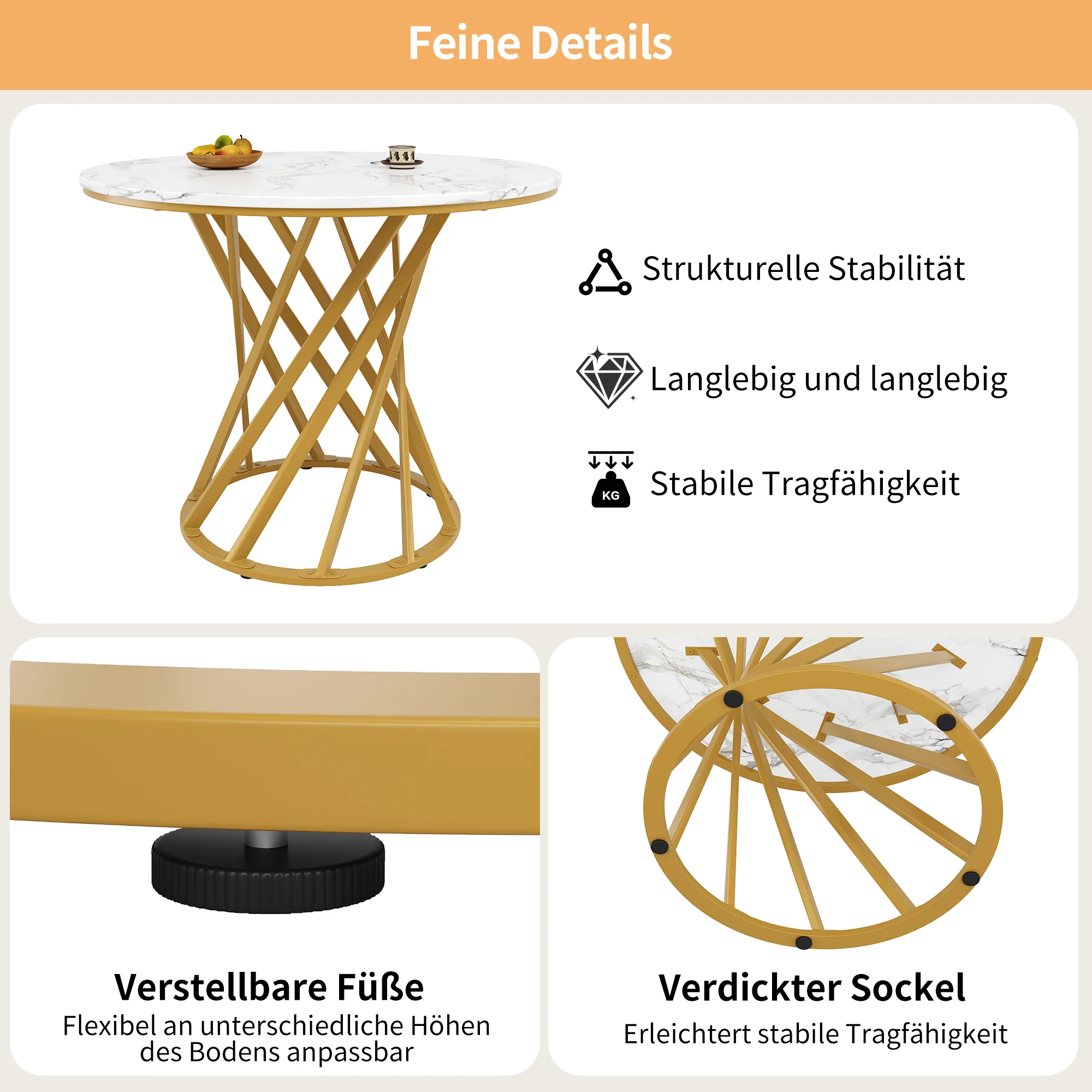 Round Dining Table 80cm for 4 Marbled MDF Top Metal Legs Gold - Image 10