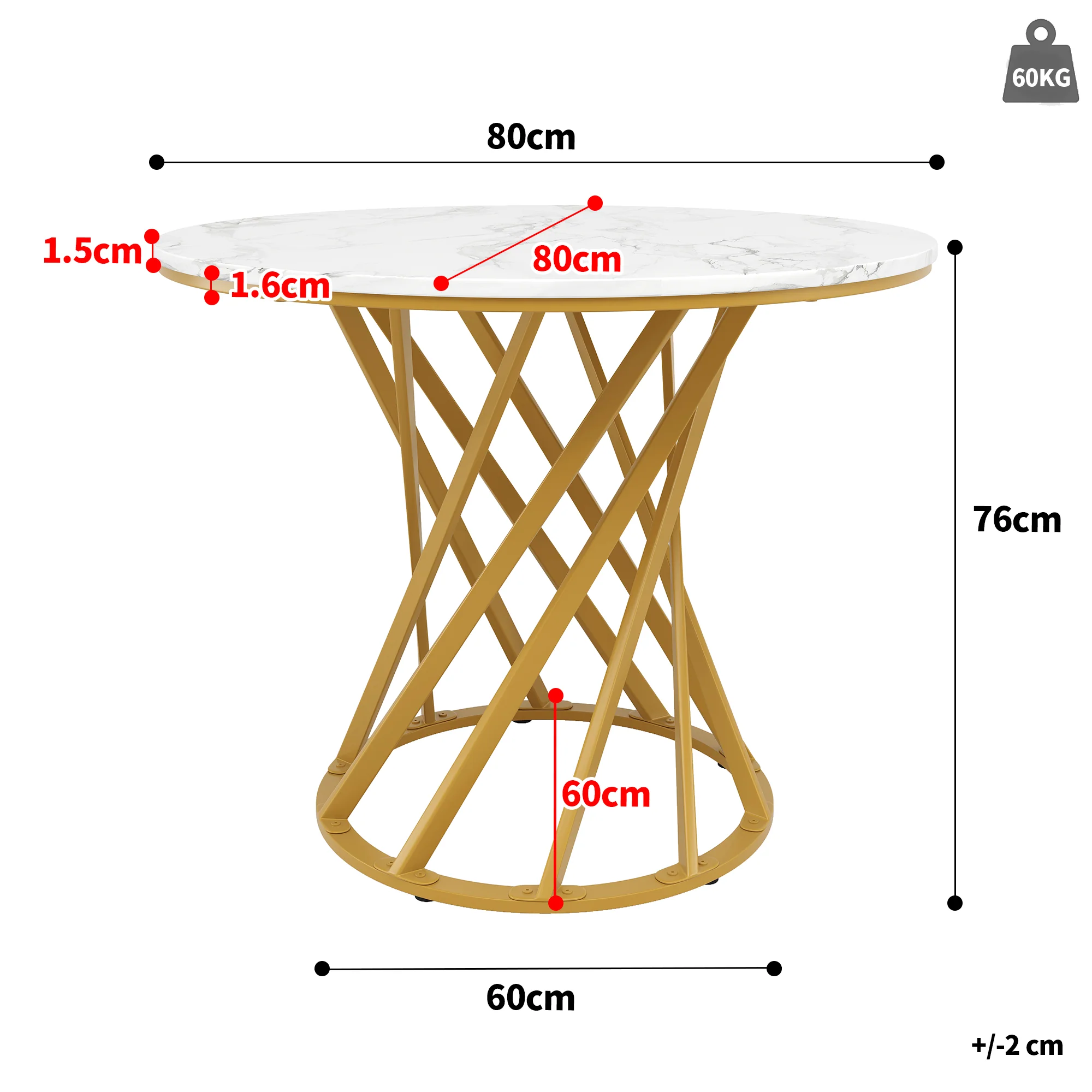 Round Dining Table 80cm for 4 Marbled MDF Top Metal Legs Gold - Image 5