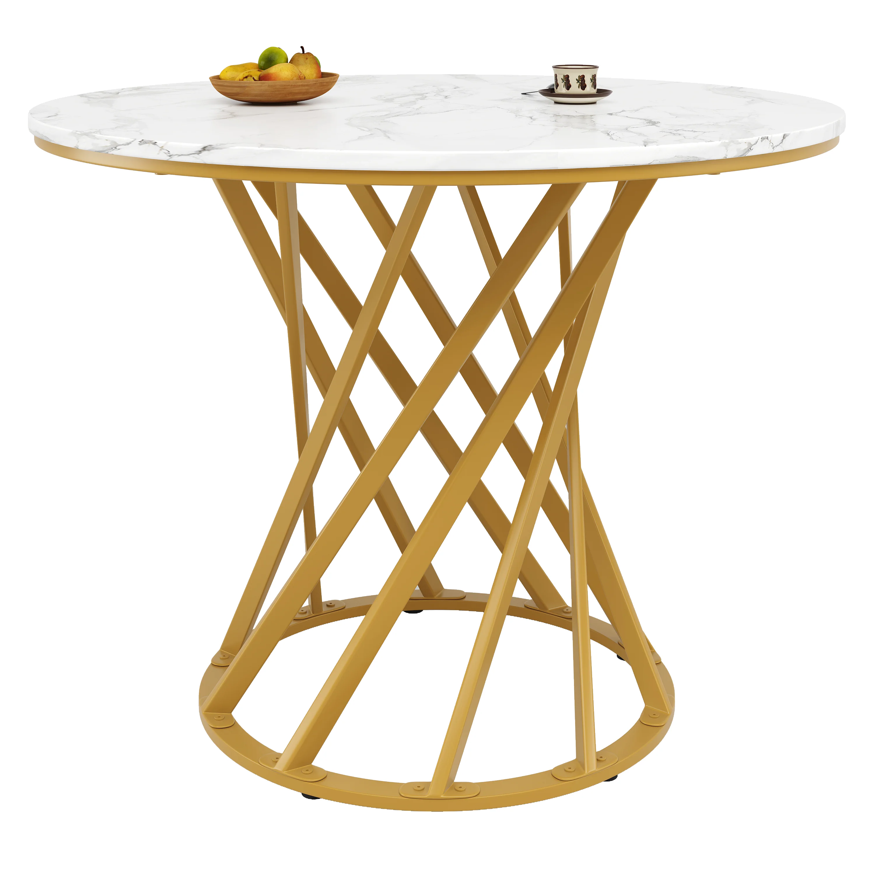 Round Dining Table 80cm for 4 Marbled MDF Top Metal Legs Gold - Image 6