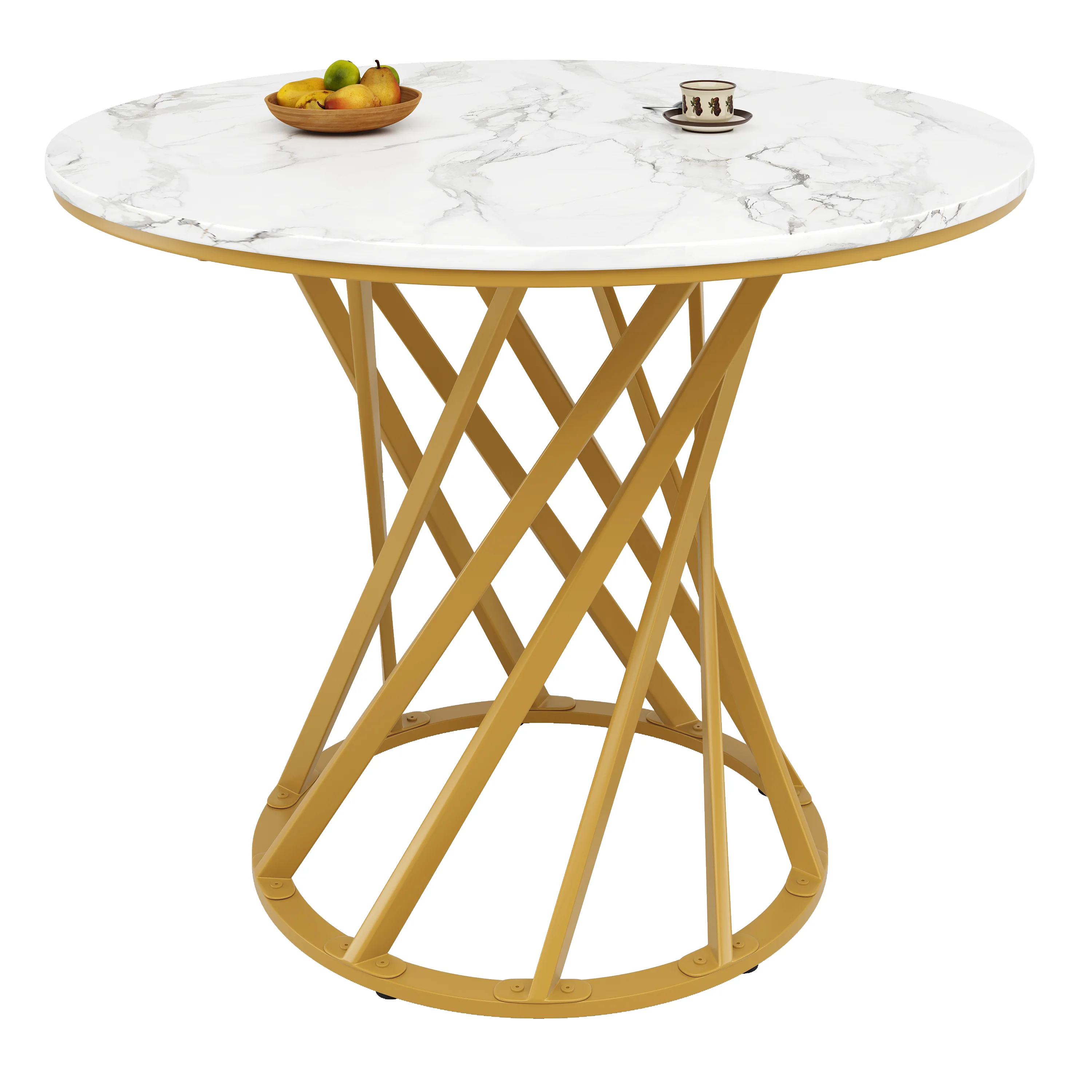 Round Dining Table 80cm for 4 Marbled MDF Top Metal Legs Gold - Image 7