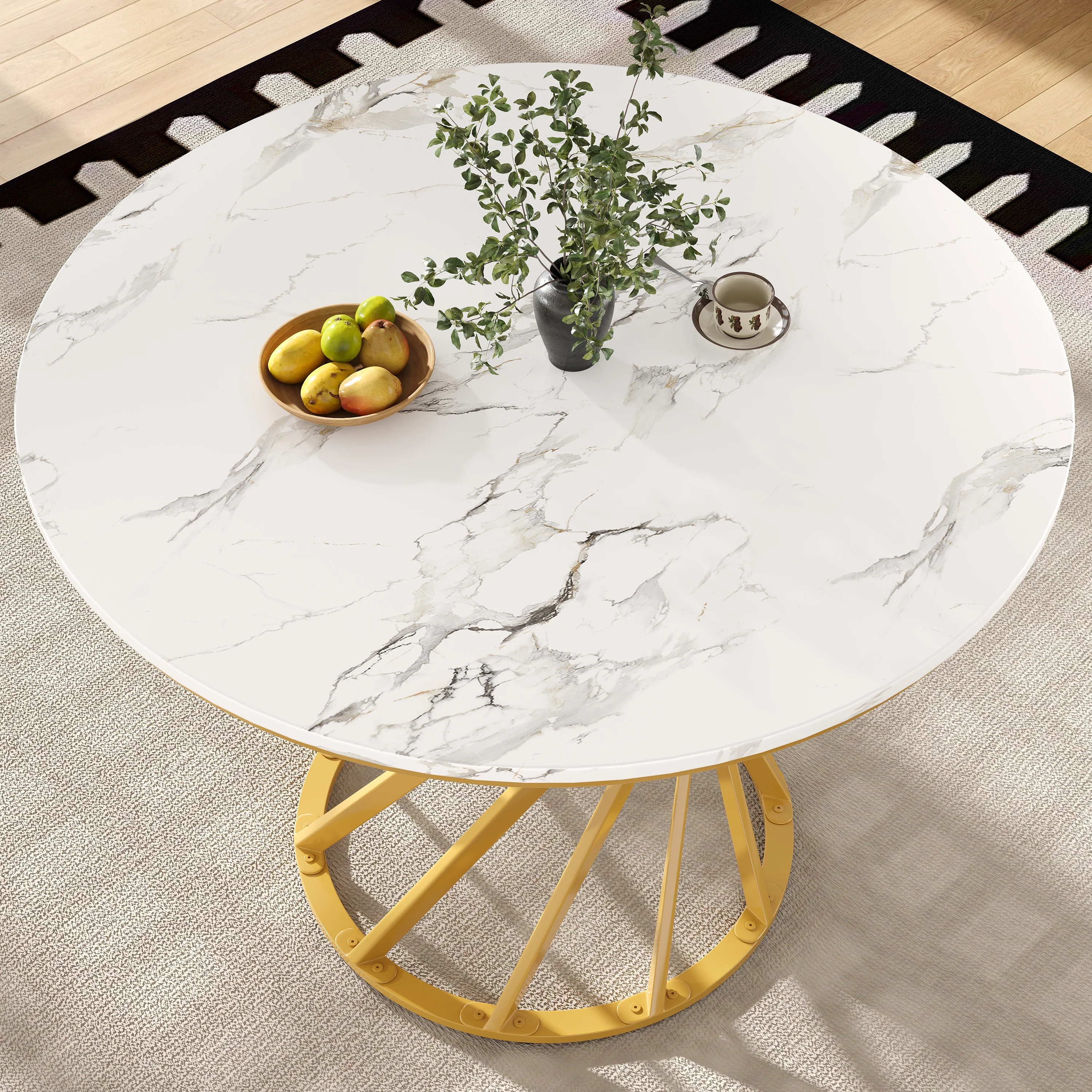 Round Dining Table 80cm for 4 Marbled MDF Top Metal Legs Gold - Image 9