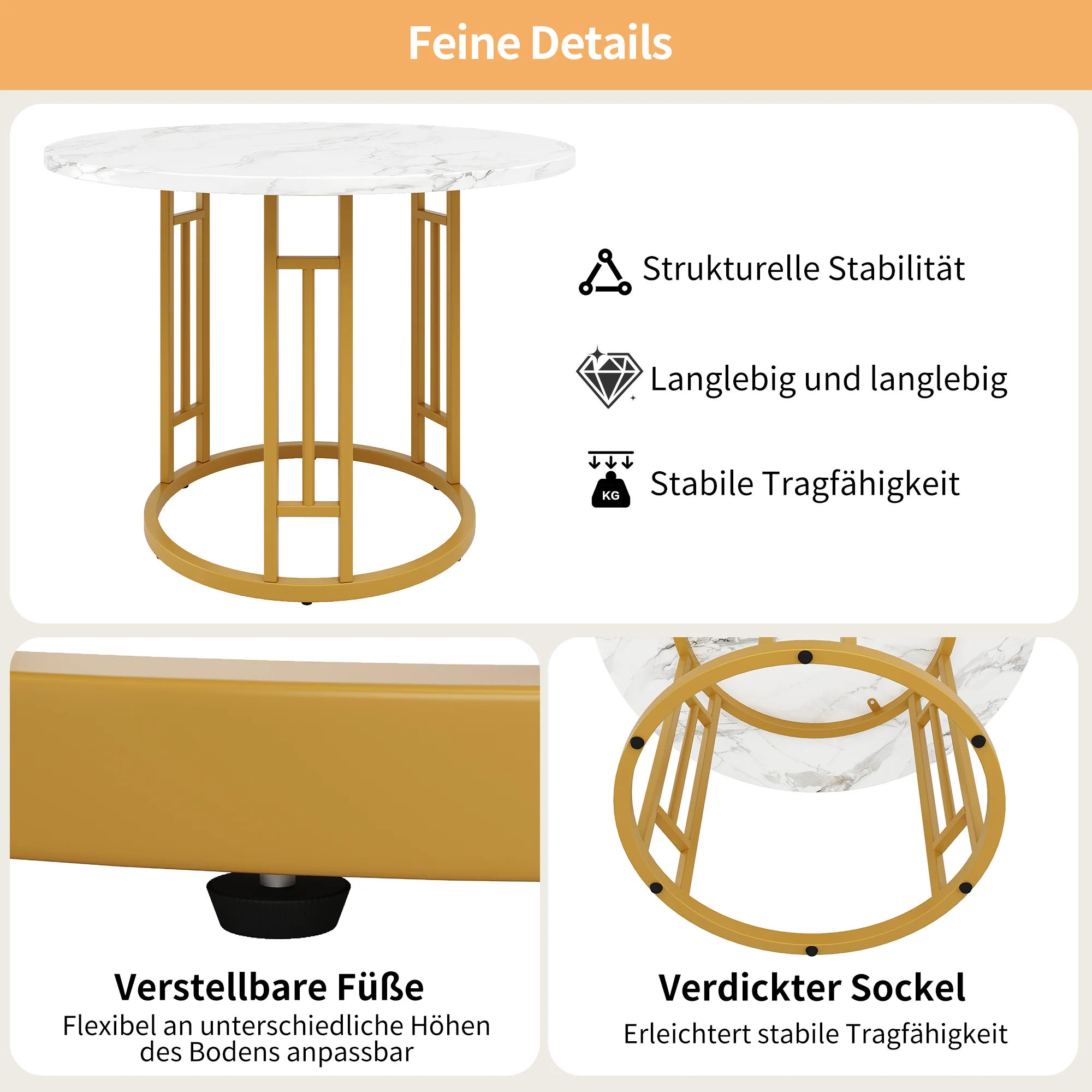 Round Dining Table 80x76cm 4-Person Marble Tabletop Metal Legs Gold - Image 10