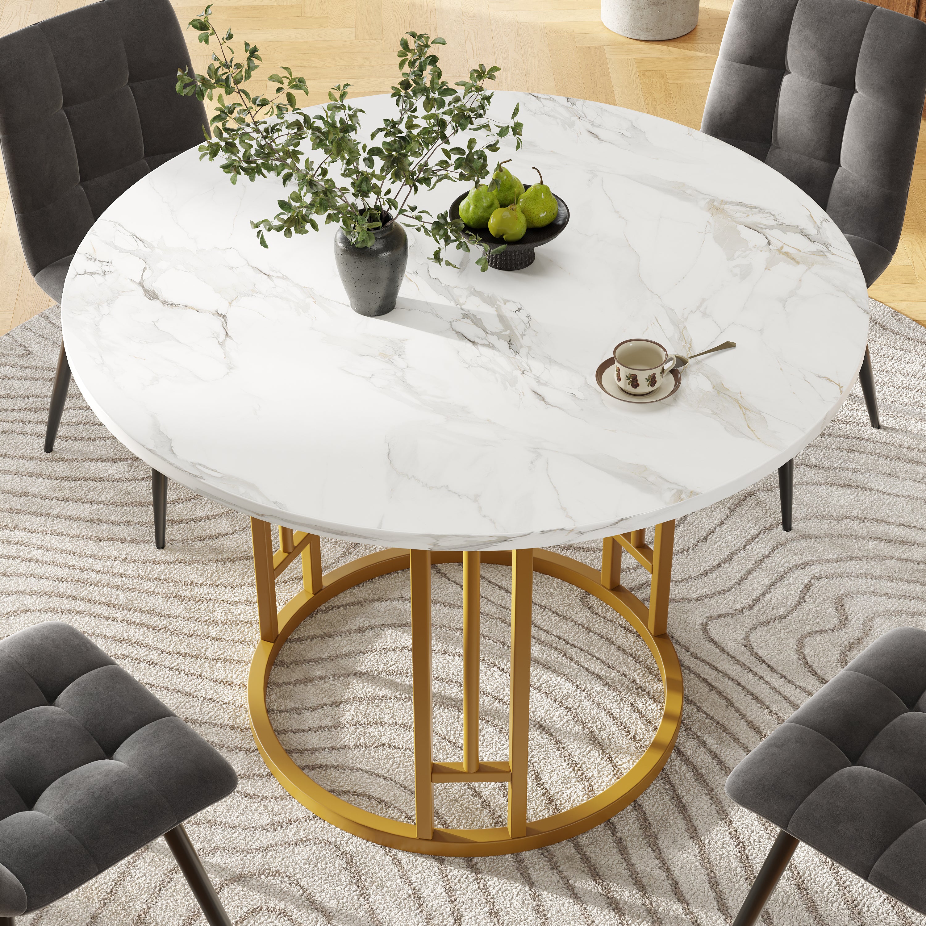 Round Dining Table 80x76cm 4-Person Marble Tabletop Metal Legs Gold - Image 2