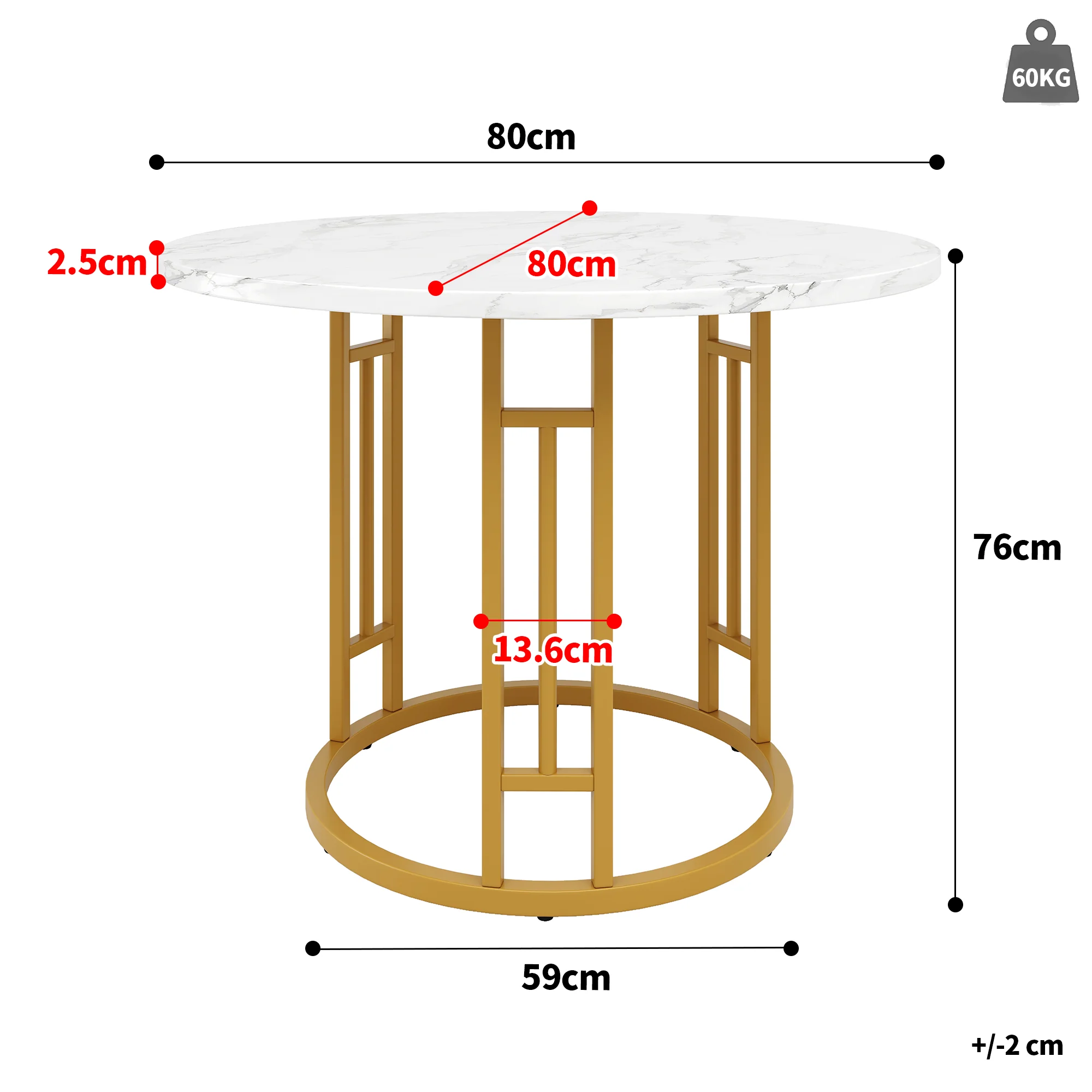 Round Dining Table 80x76cm 4-Person Marble Tabletop Metal Legs Gold - Image 3