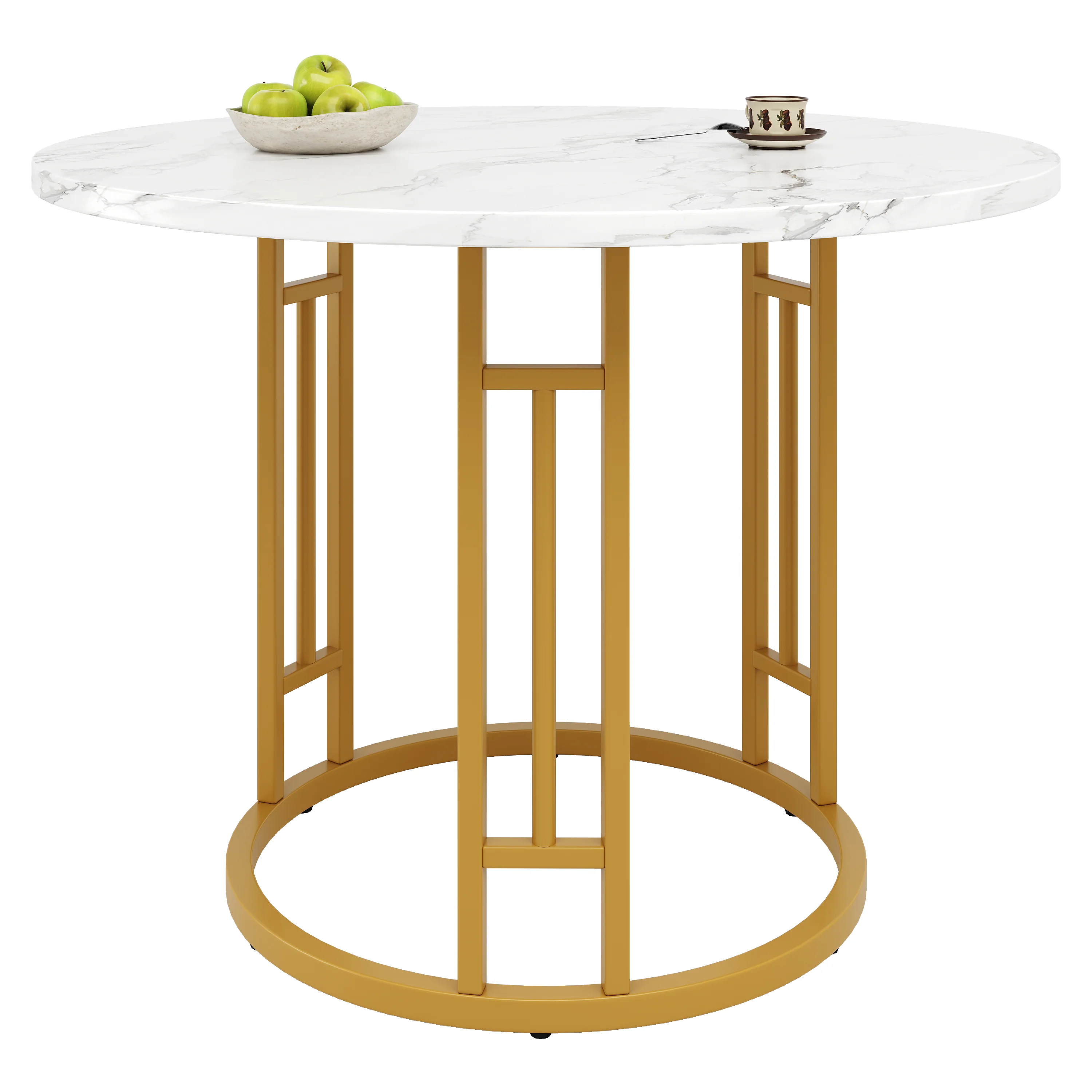 Round Dining Table 80x76cm 4-Person Marble Tabletop Metal Legs Gold - Image 7