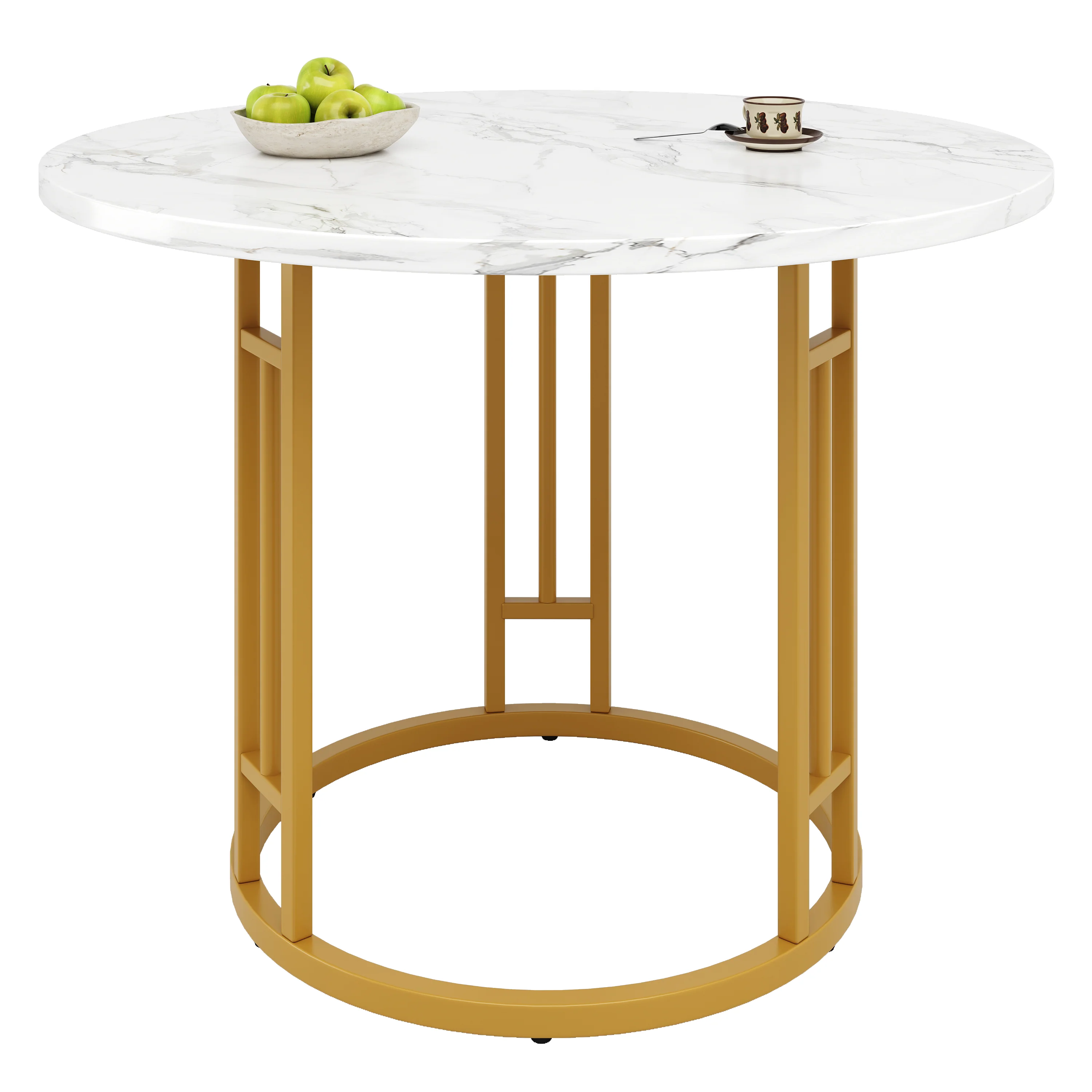 Round Dining Table 80x76cm 4-Person Marble Tabletop Metal Legs Gold - Image 8