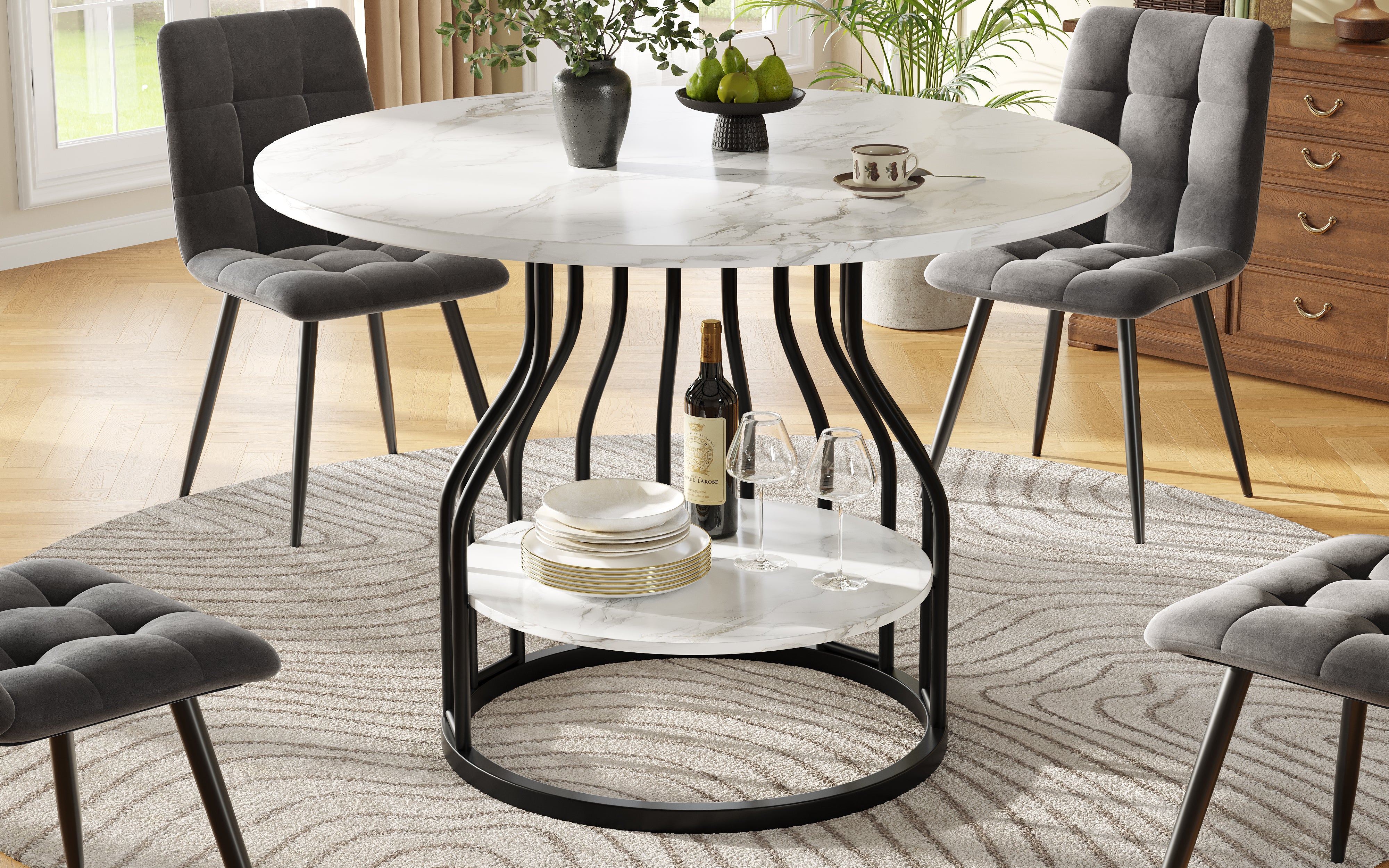 Round Dining Table 80x76cm 4-Seater Storage MDF Marble Top - Black - Image 2