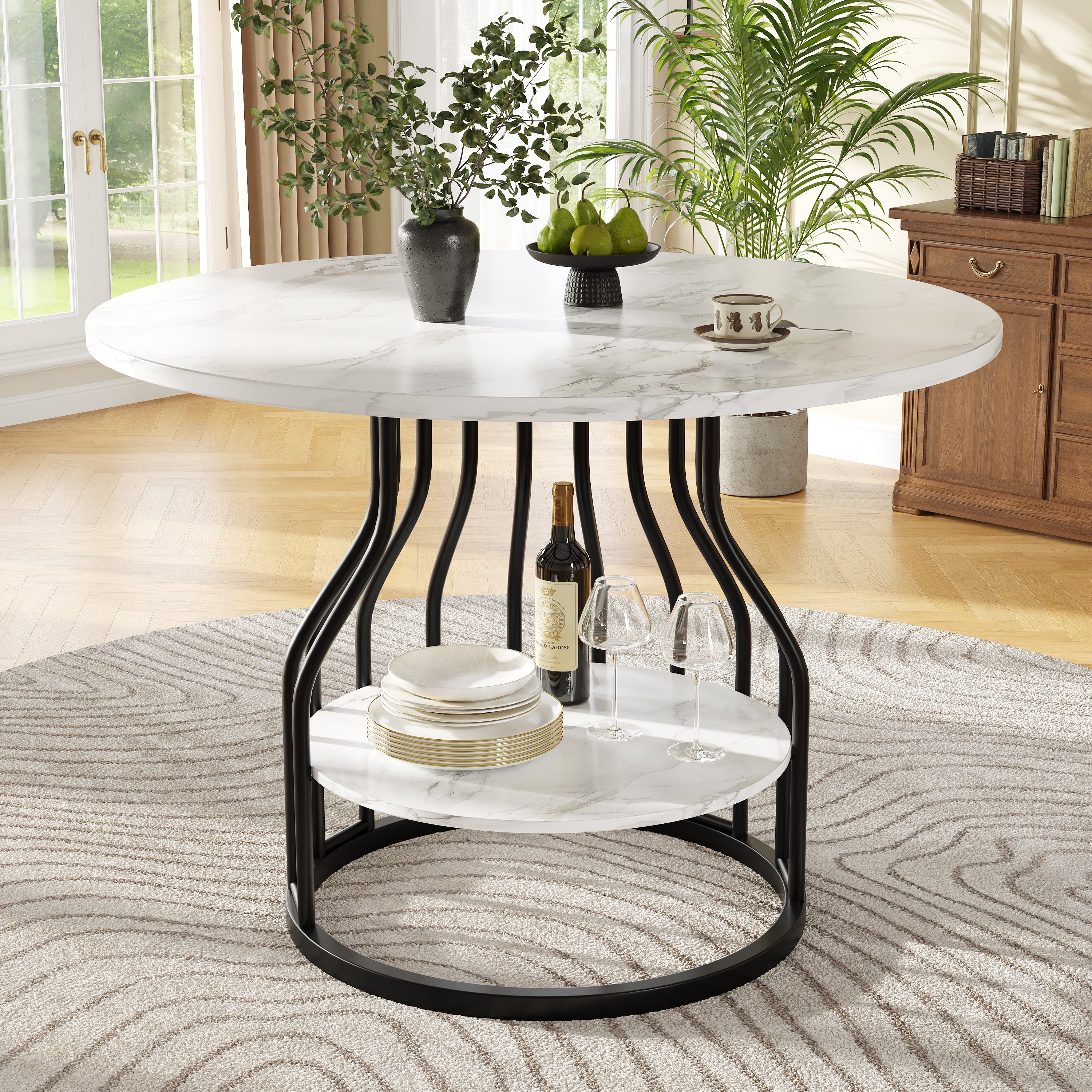 Round Dining Table 80x76cm 4-Seater Storage MDF Marble Top - Black - Image 3