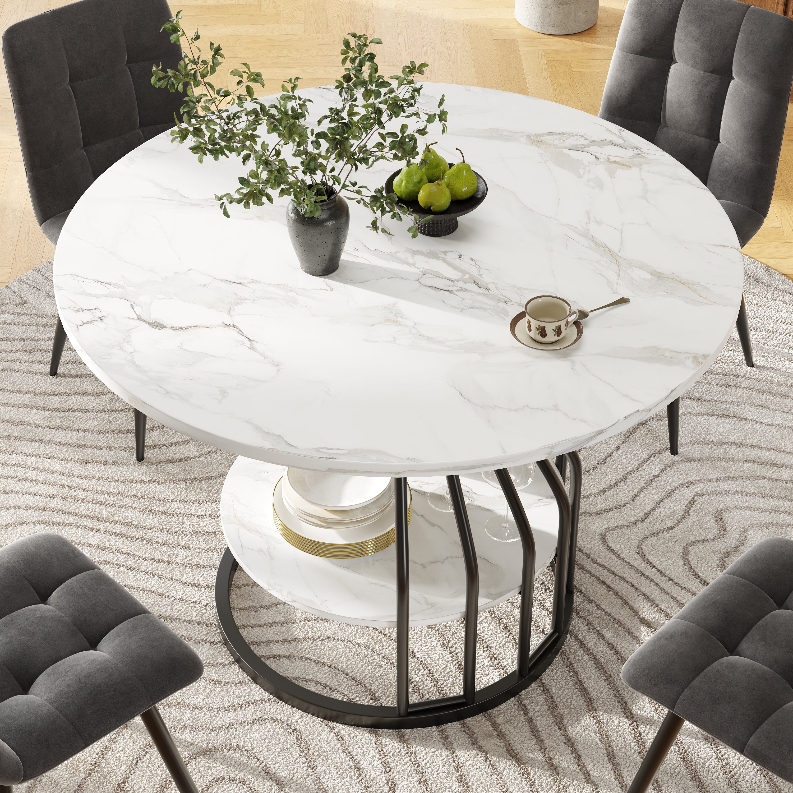 Round Dining Table 80x76cm 4-Seater Storage MDF Marble Top - Black - Image 4