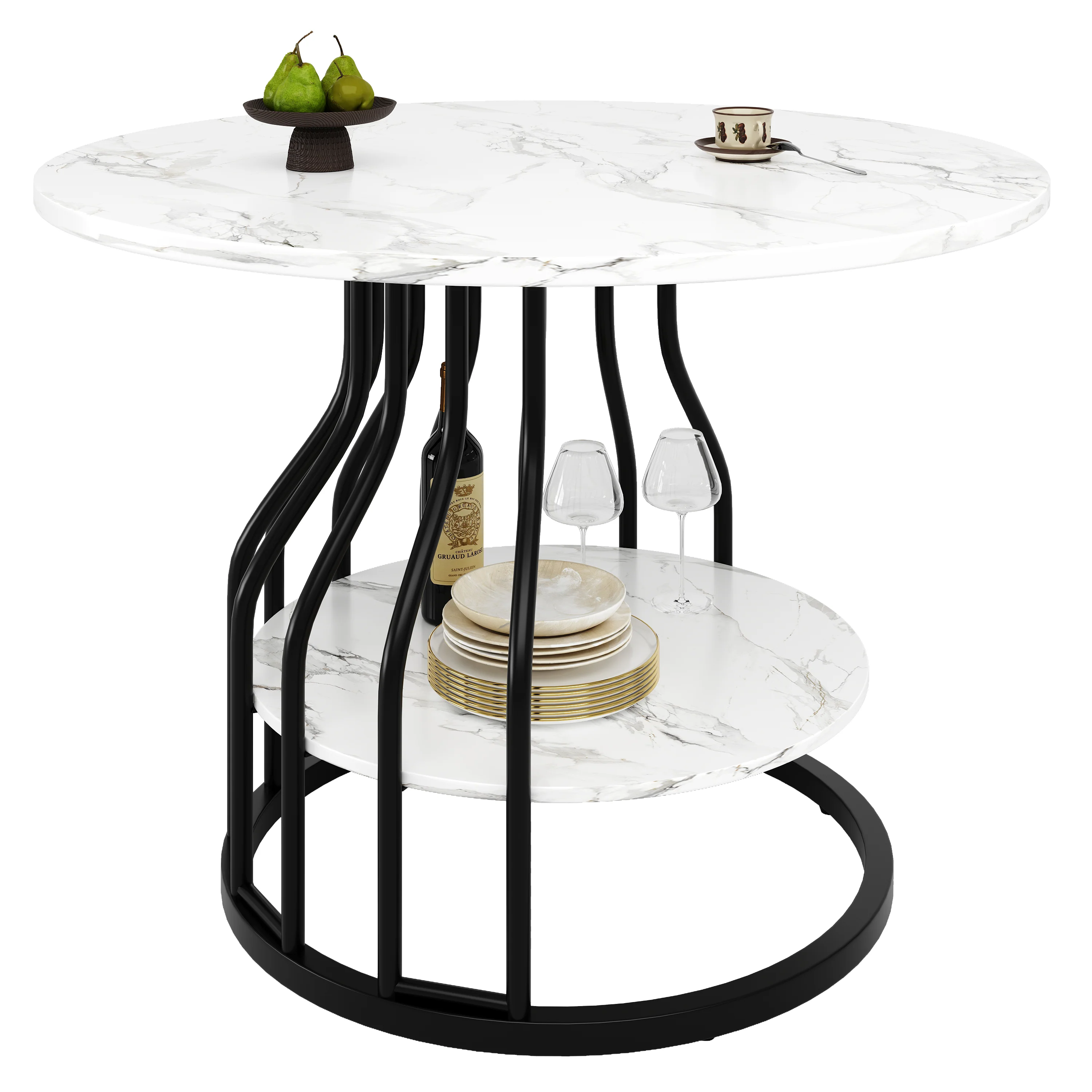 Round Dining Table 80x76cm 4-Seater Storage MDF Marble Top - Black - Image 7