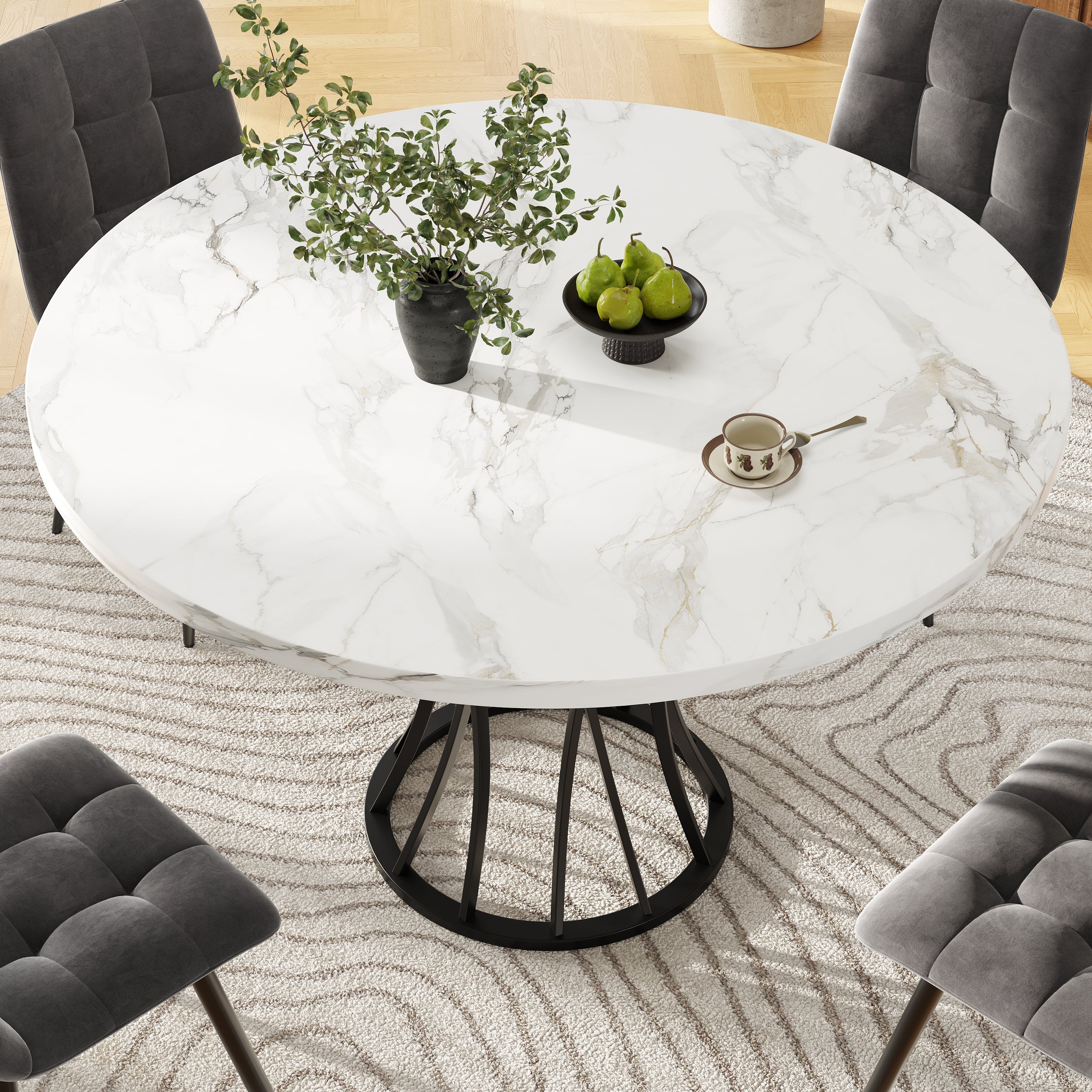 Round Dining Table 80x80cm Marbled Top 4-6 Seater - Black Legs - Image 2