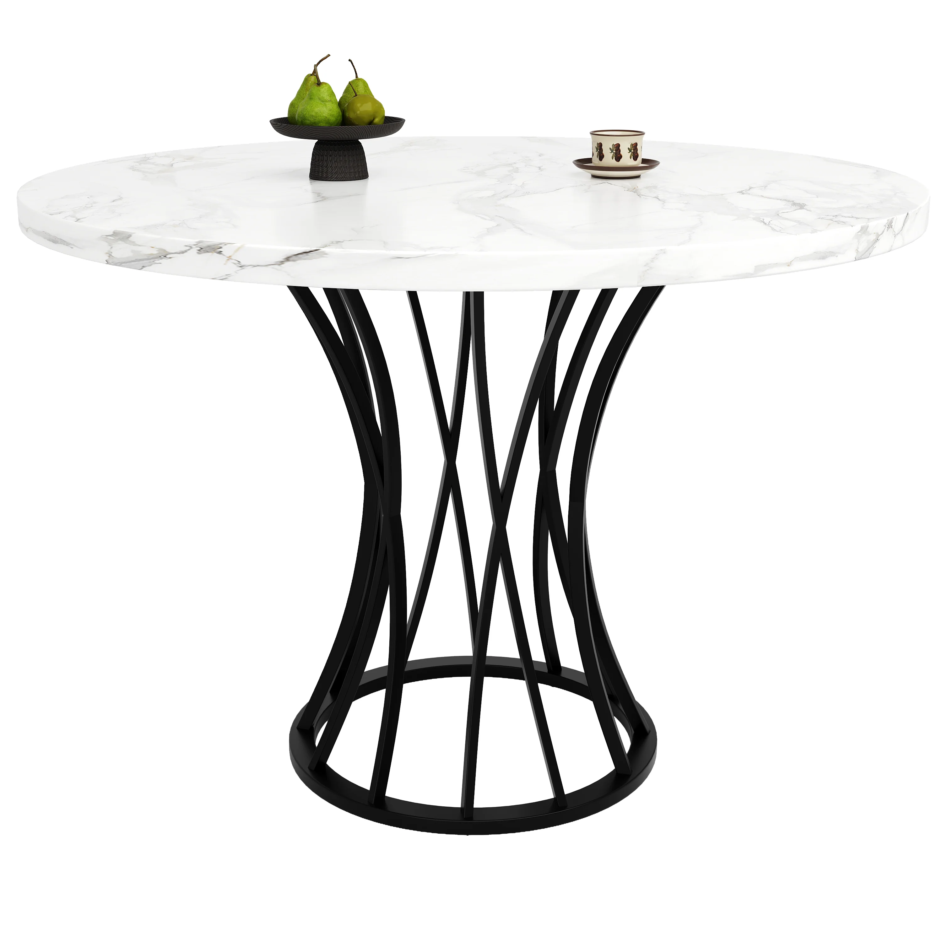 Round Dining Table 80x80cm Marbled Top 4-6 Seater - Black Legs - Image 8
