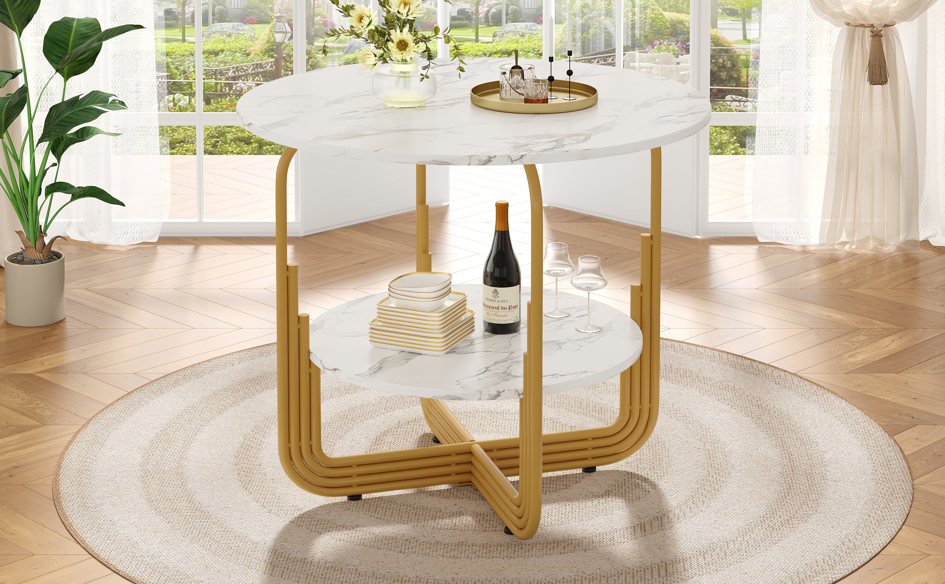 Round Dining Table 80x80x76cm 4-Person Storage Shelf MDF Marble Top - Image 4