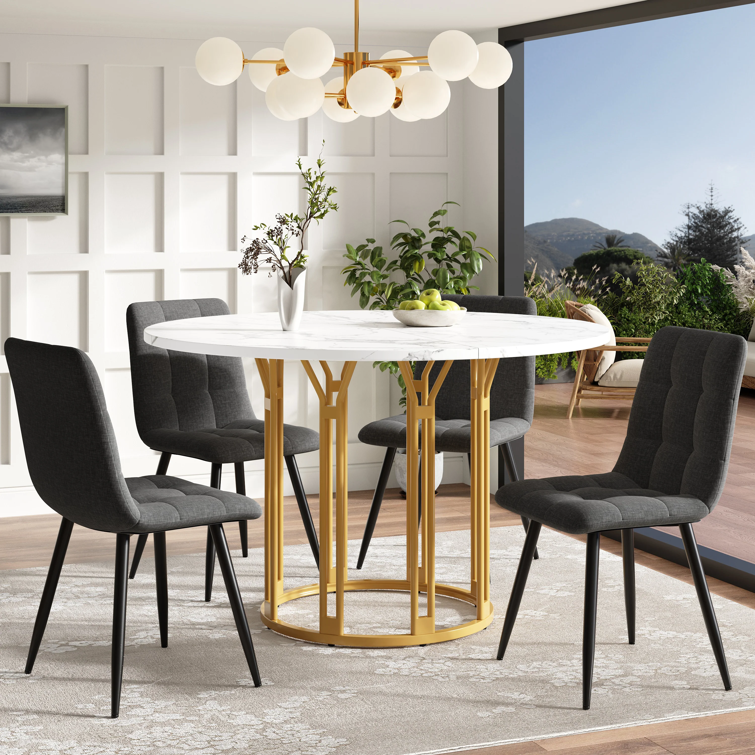 Round Dining Table Kitchen Breakfast Table Metal Legs Marble Pattern Gold/Black - Image 2