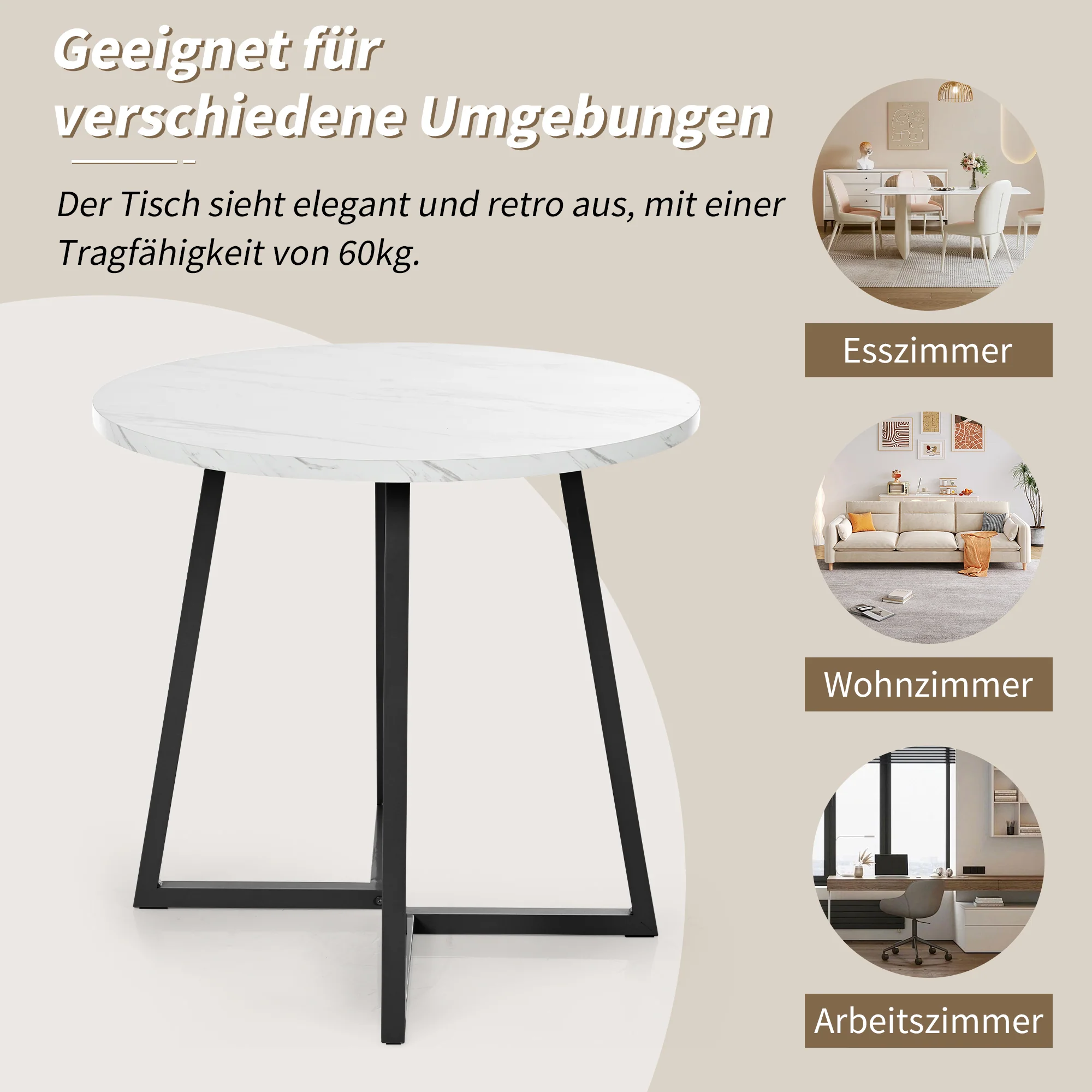 Round Dining Table, Modern Marble Pattern, Unique Metal Frame, White/Black - Image 3