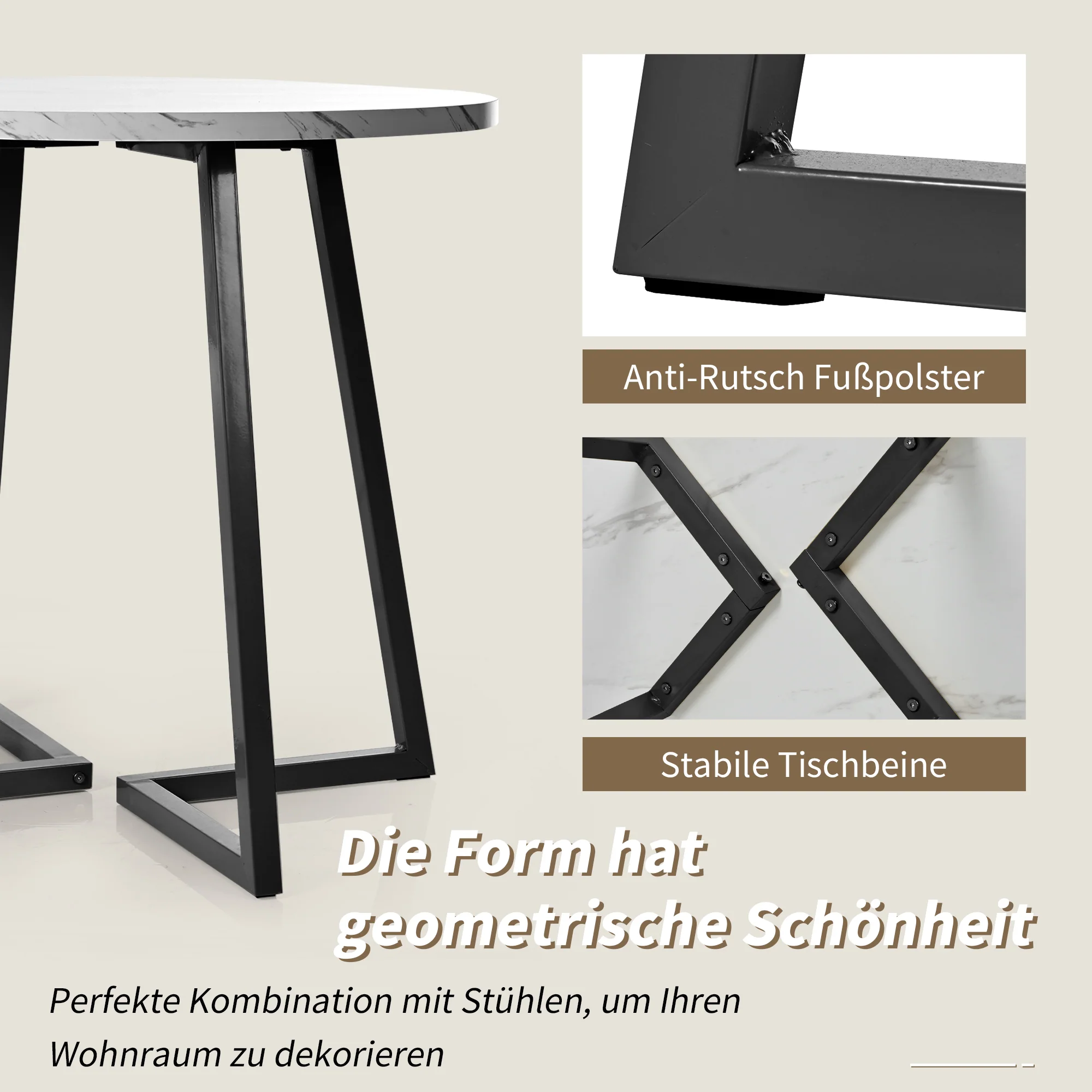Round Dining Table, Modern Marble Pattern, Unique Metal Frame, White/Black - Image 5