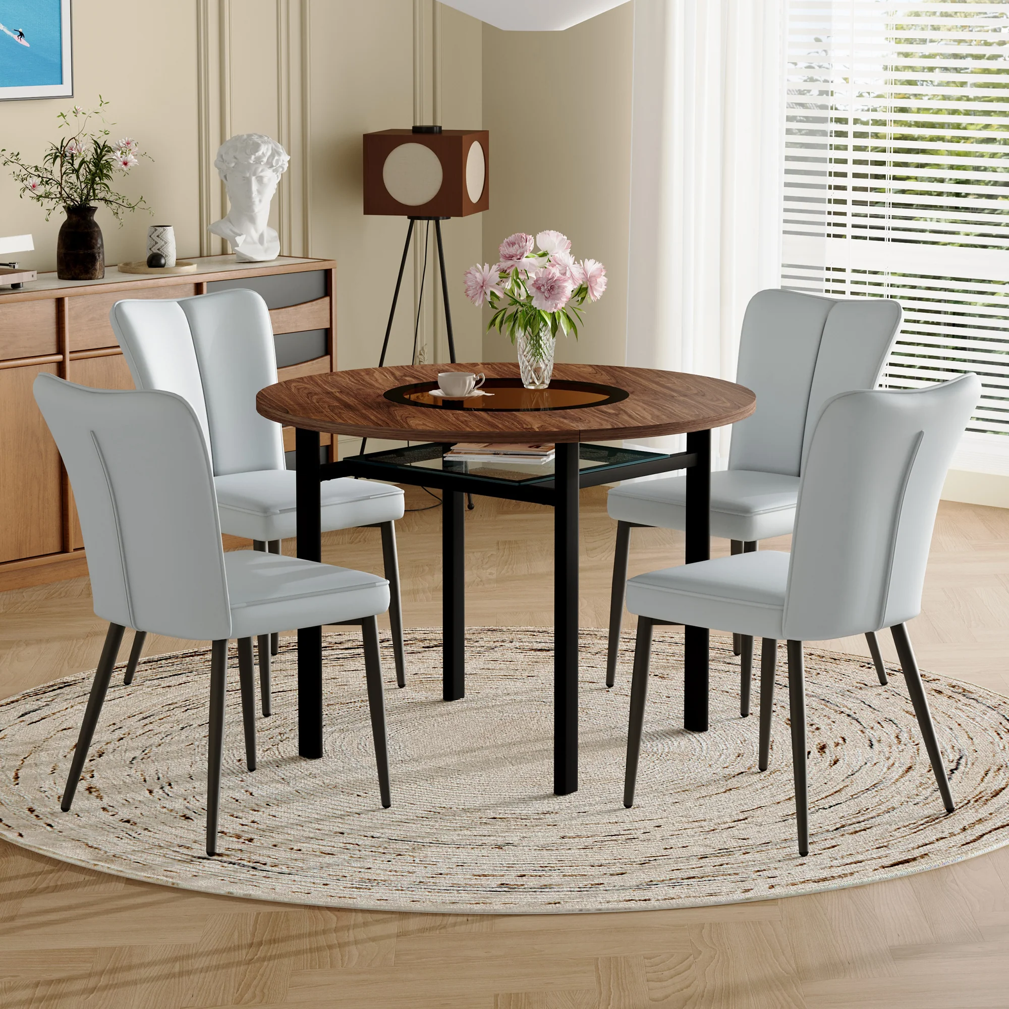 Round Dining Table Set 100cm with 4 PU Chairs - Wood Look/Light Grey