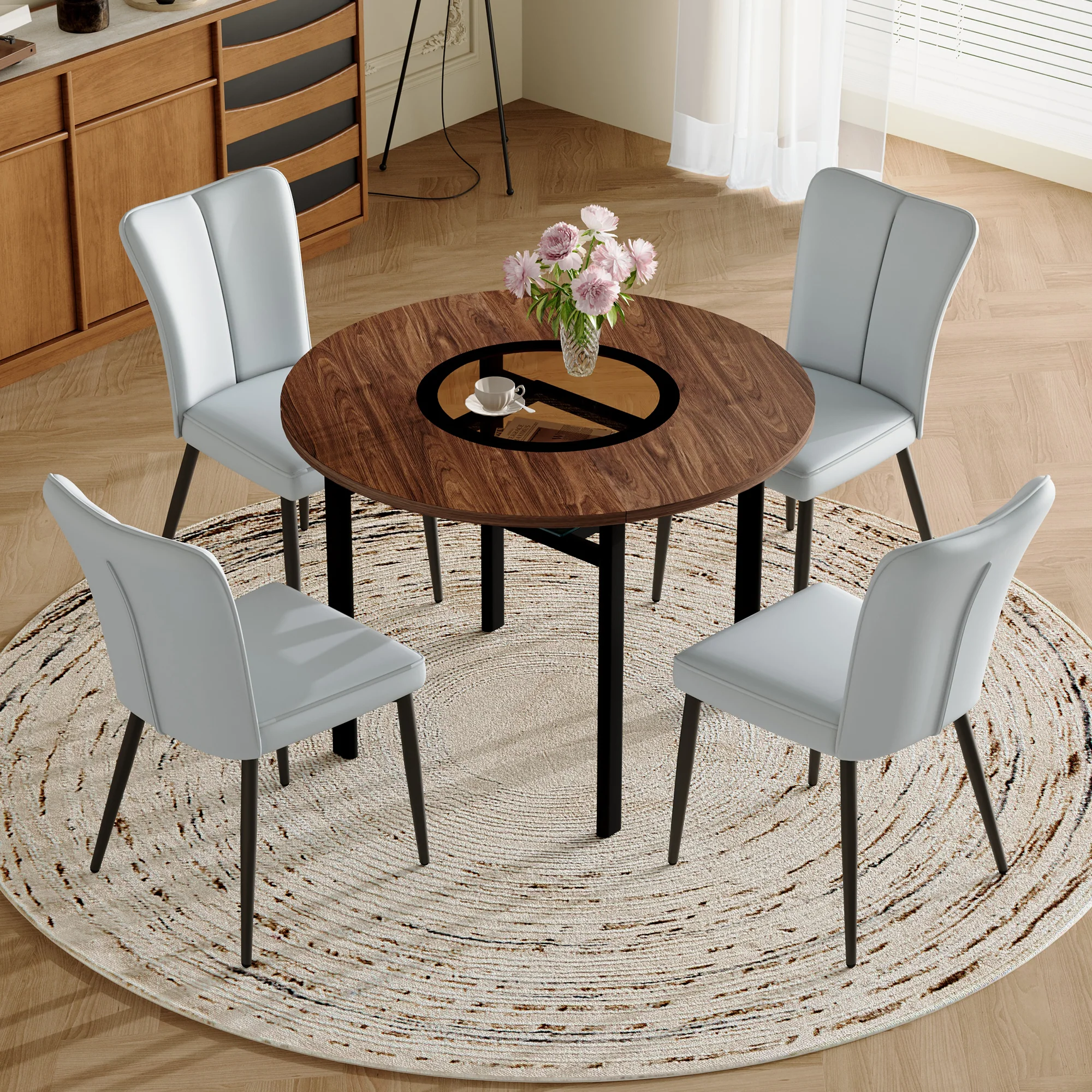 Round Dining Table Set 100cm with 4 PU Chairs - Wood Look/Light Grey - Image 3