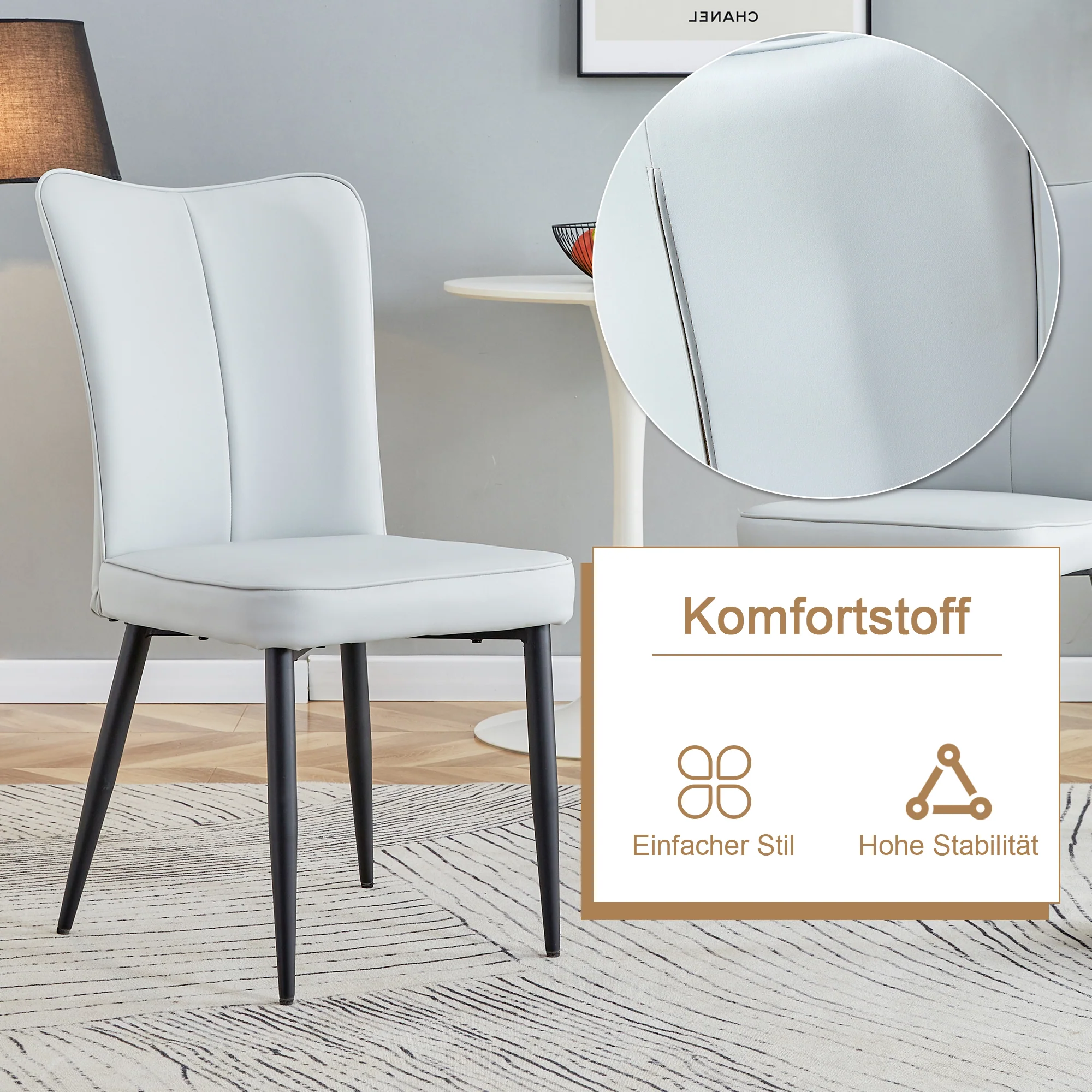 Round Dining Table Set 100cm with 4 PU Chairs - Wood Look/Light Grey - Image 7