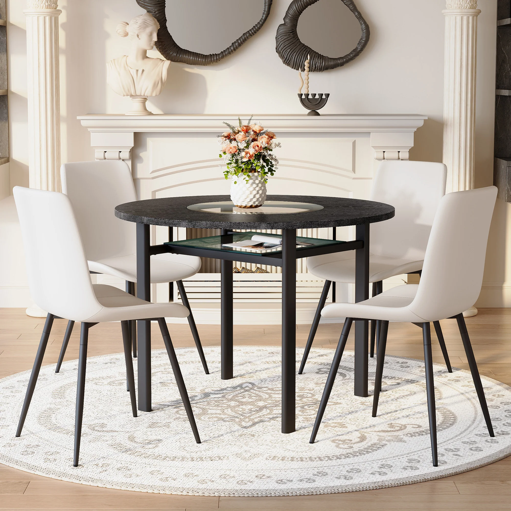 Round Dining Table Set Minimalist 100cm with 4 PU Chairs - Black Wood Look/White - Image 2