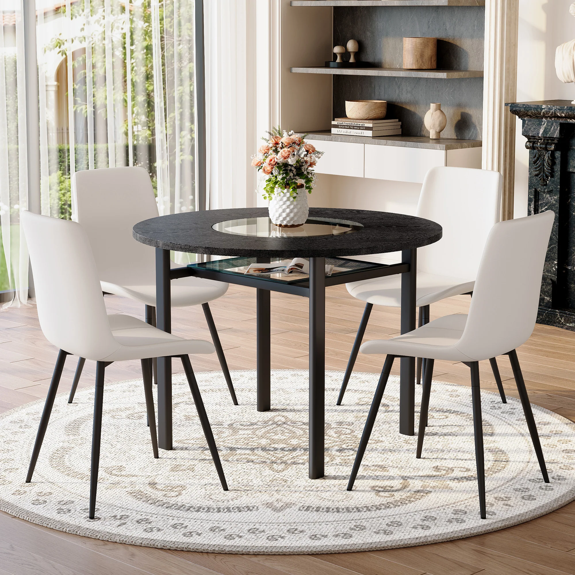 Round Dining Table Set Minimalist 100cm with 4 PU Chairs - Black Wood Look/White - Image 3