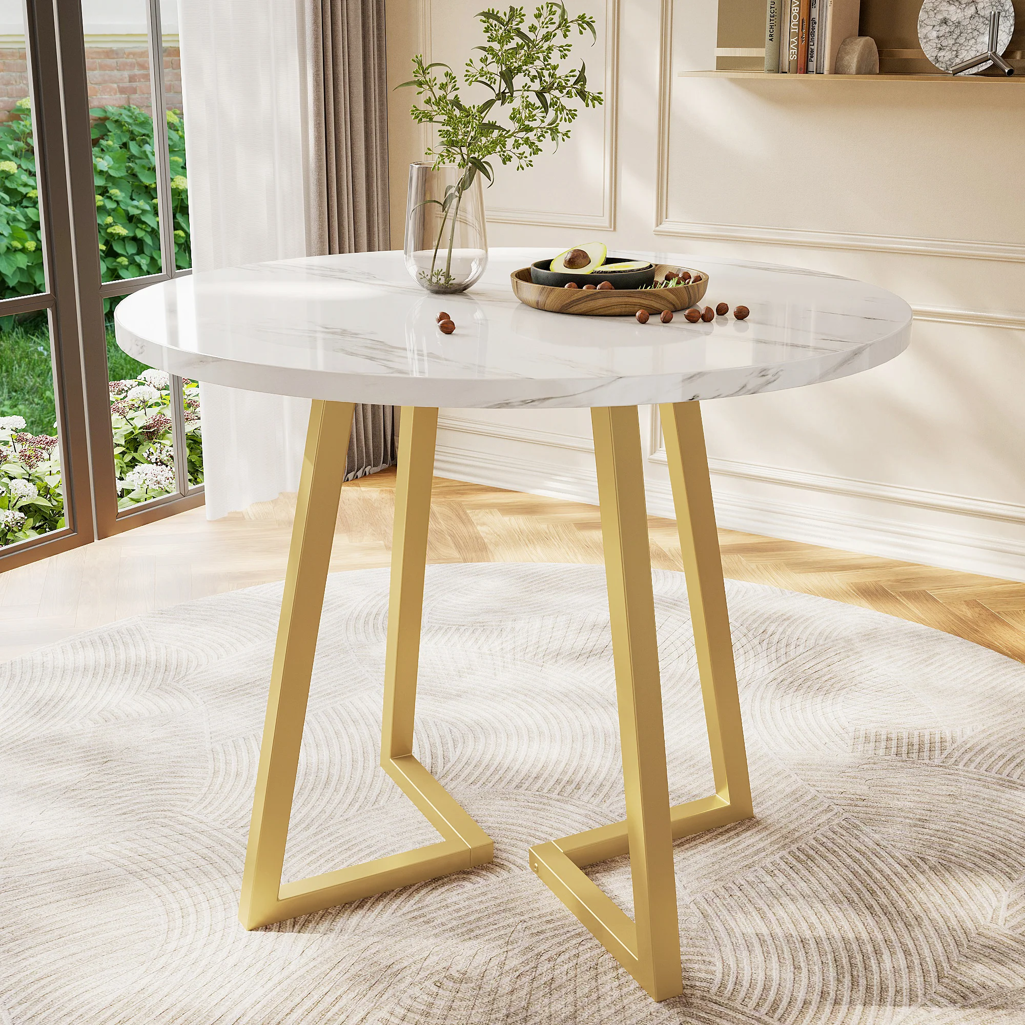 Round Dining Table Unique Metal Frame Marble Pattern White/Gold