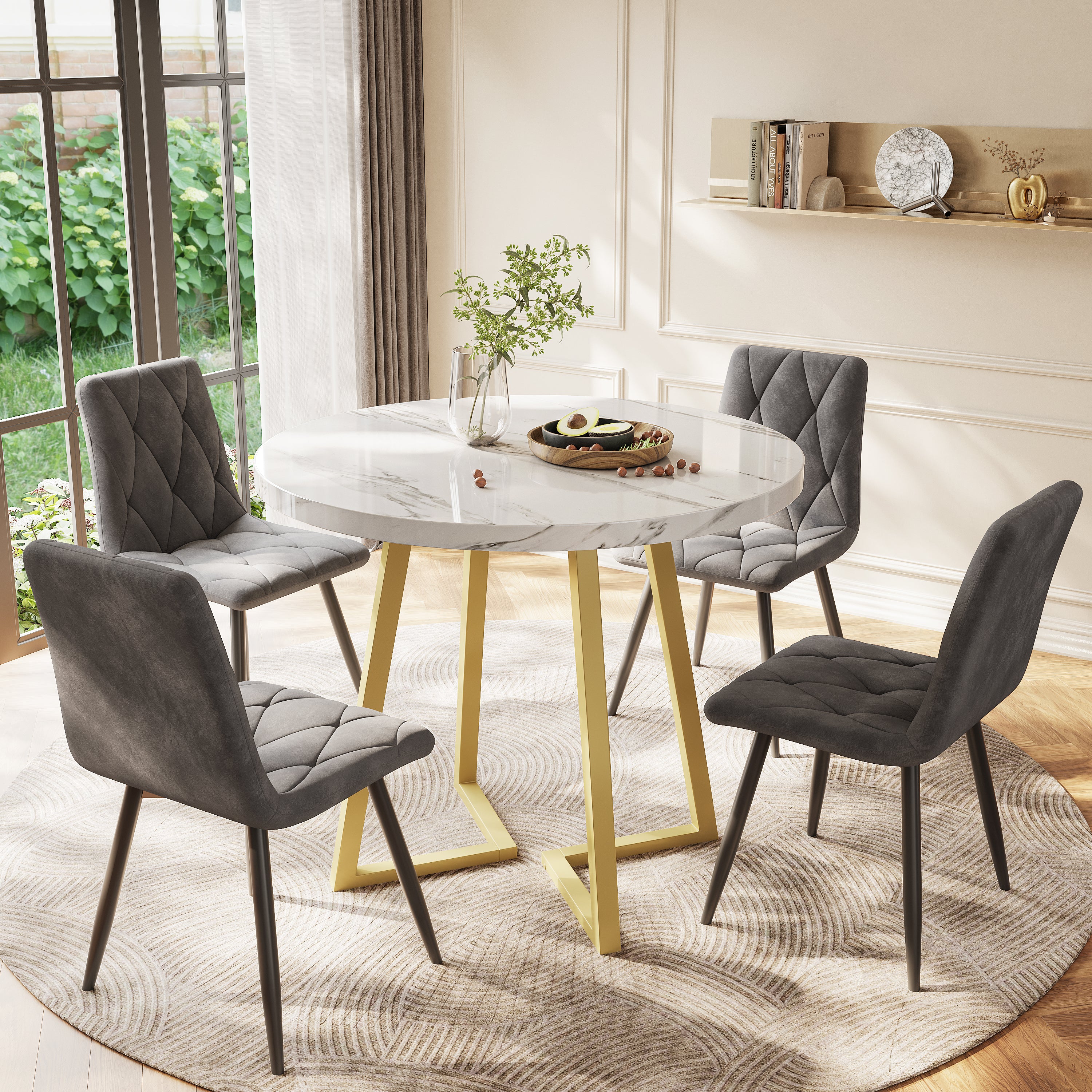 Round Dining Table Unique Metal Frame Marble Pattern White/Gold - Image 2