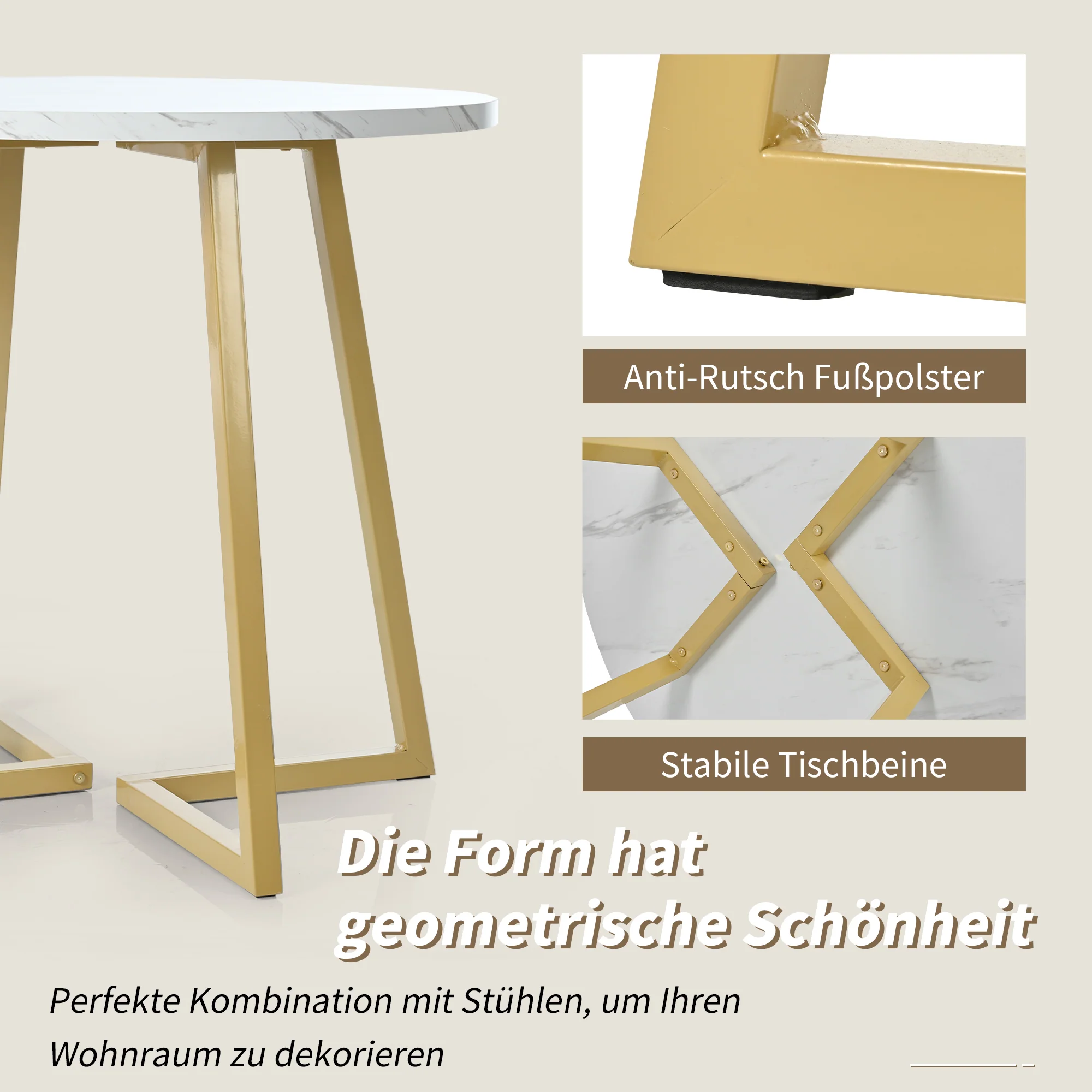 Round Dining Table Unique Metal Frame Marble Pattern White/Gold - Image 4