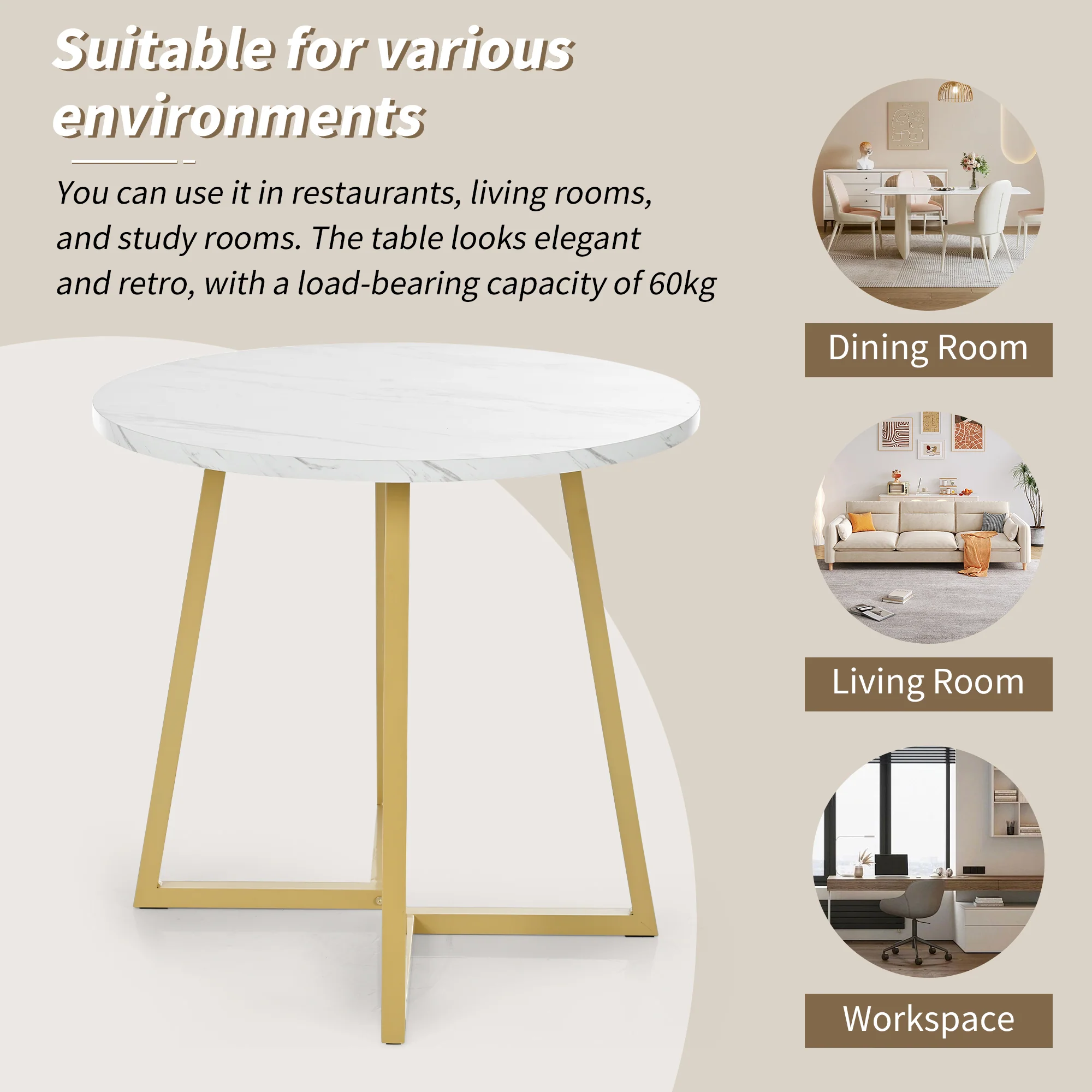 Round Dining Table Unique Metal Frame Marble Pattern White/Gold - Image 6