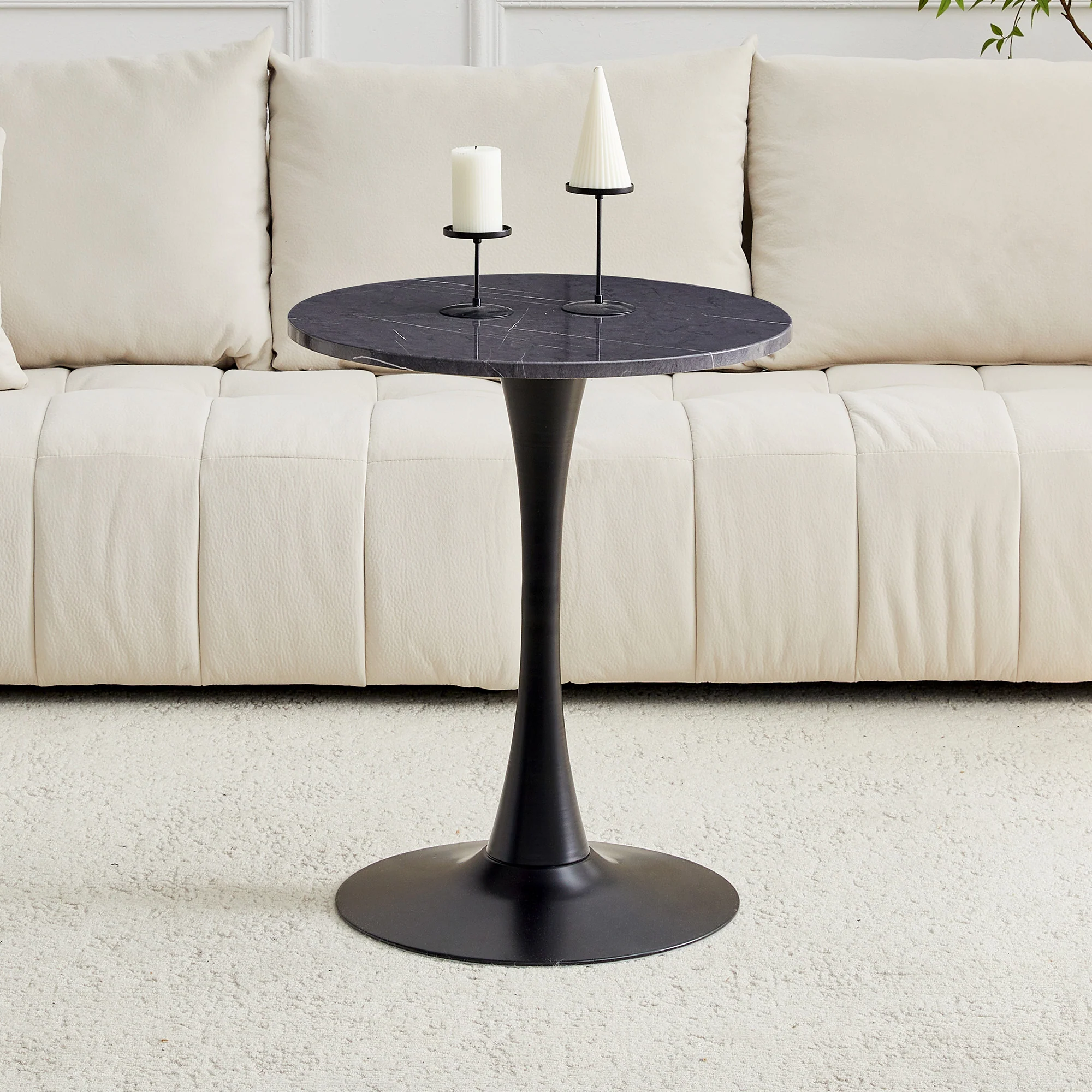 Round Side/Dining Table 60cm Marble Look - Black MDF