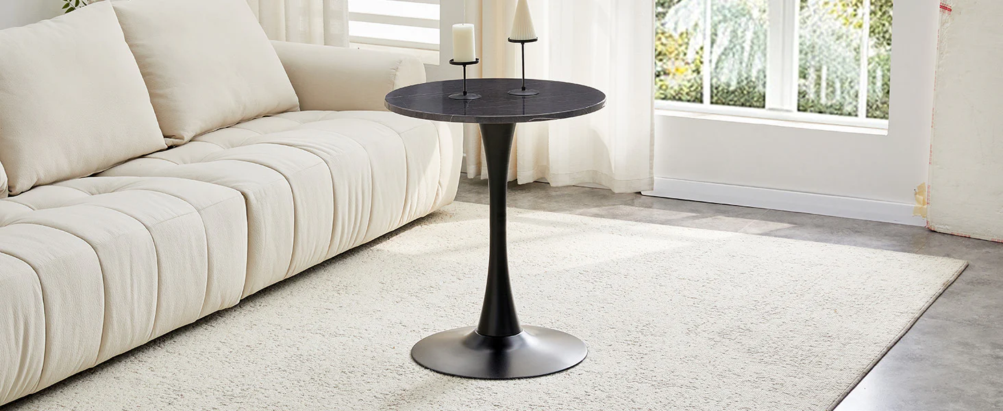 Round Side/Dining Table 60cm Marble Look - Black MDF - Image 10