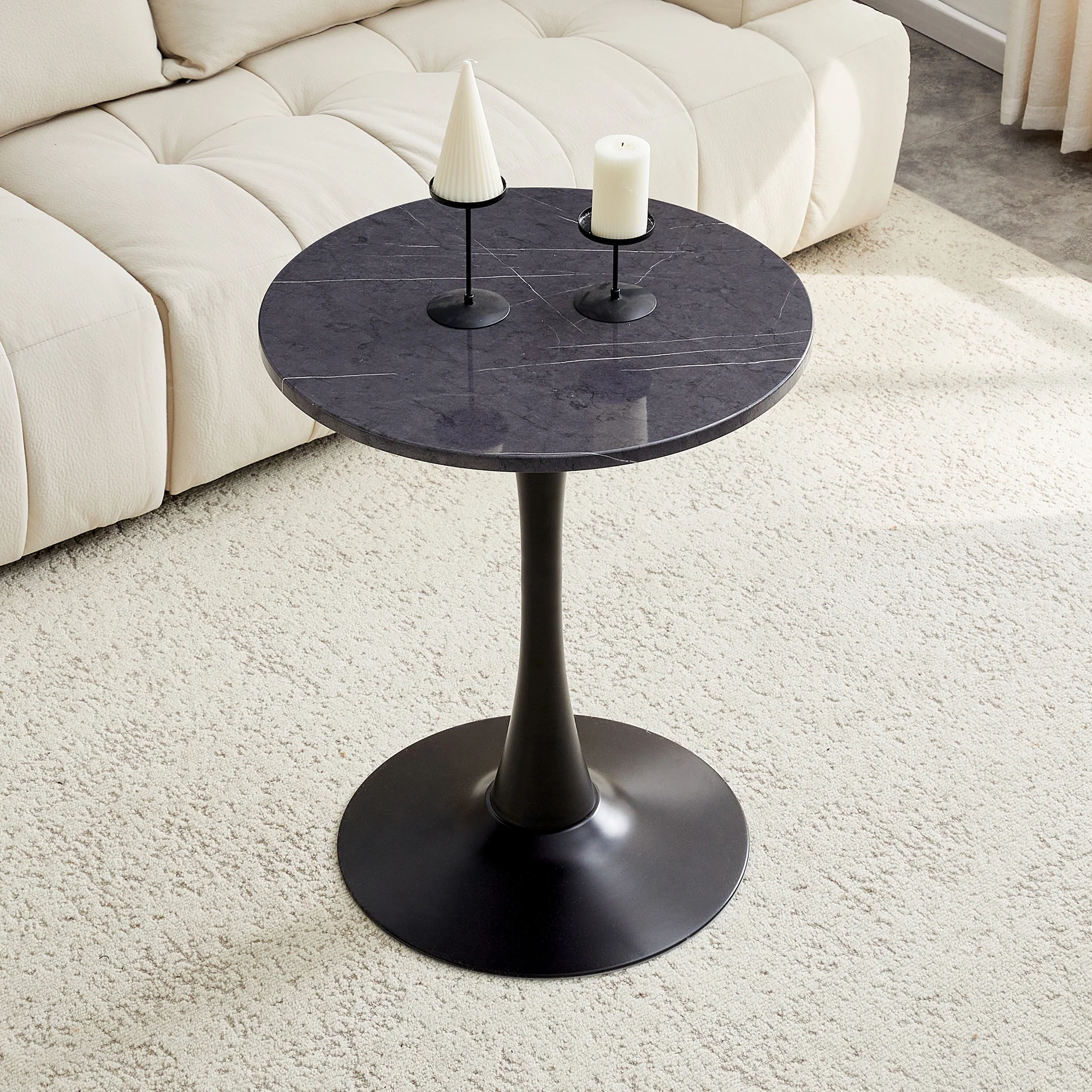 Round Side/Dining Table 60cm Marble Look - Black MDF - Image 2