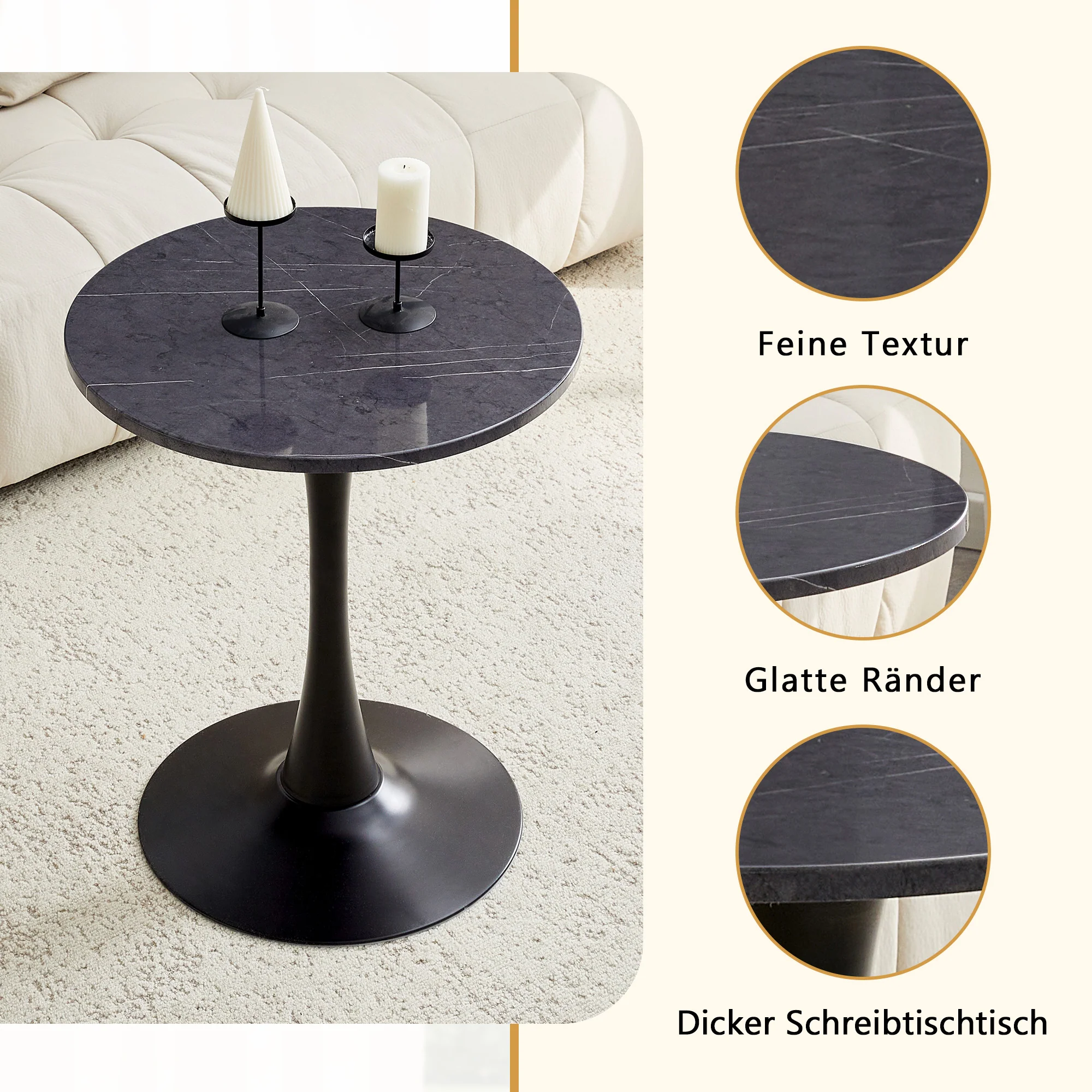 Round Side/Dining Table 60cm Marble Look - Black MDF - Image 6