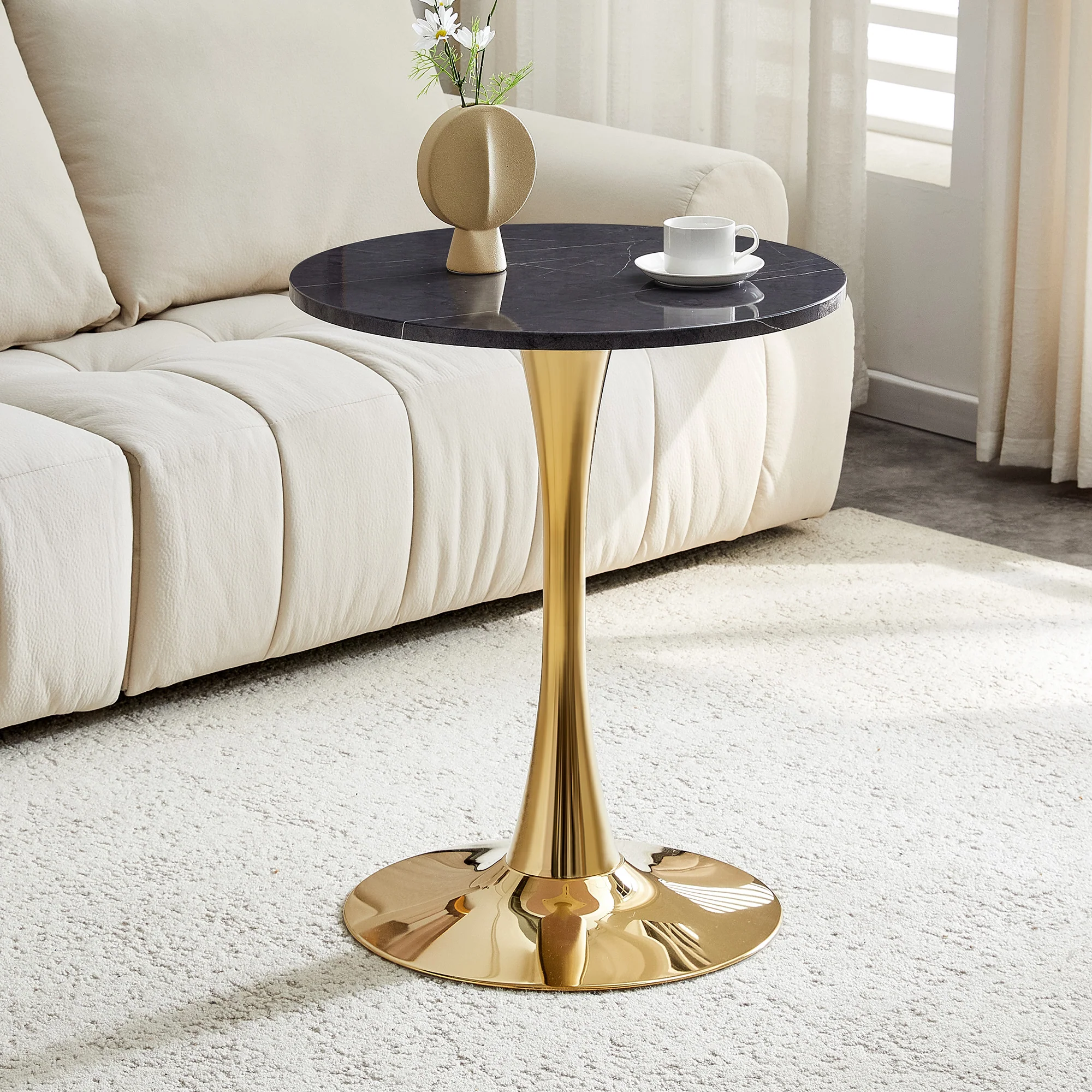 Round Side Table 60cm Black Marble Look - Golden Base MDF