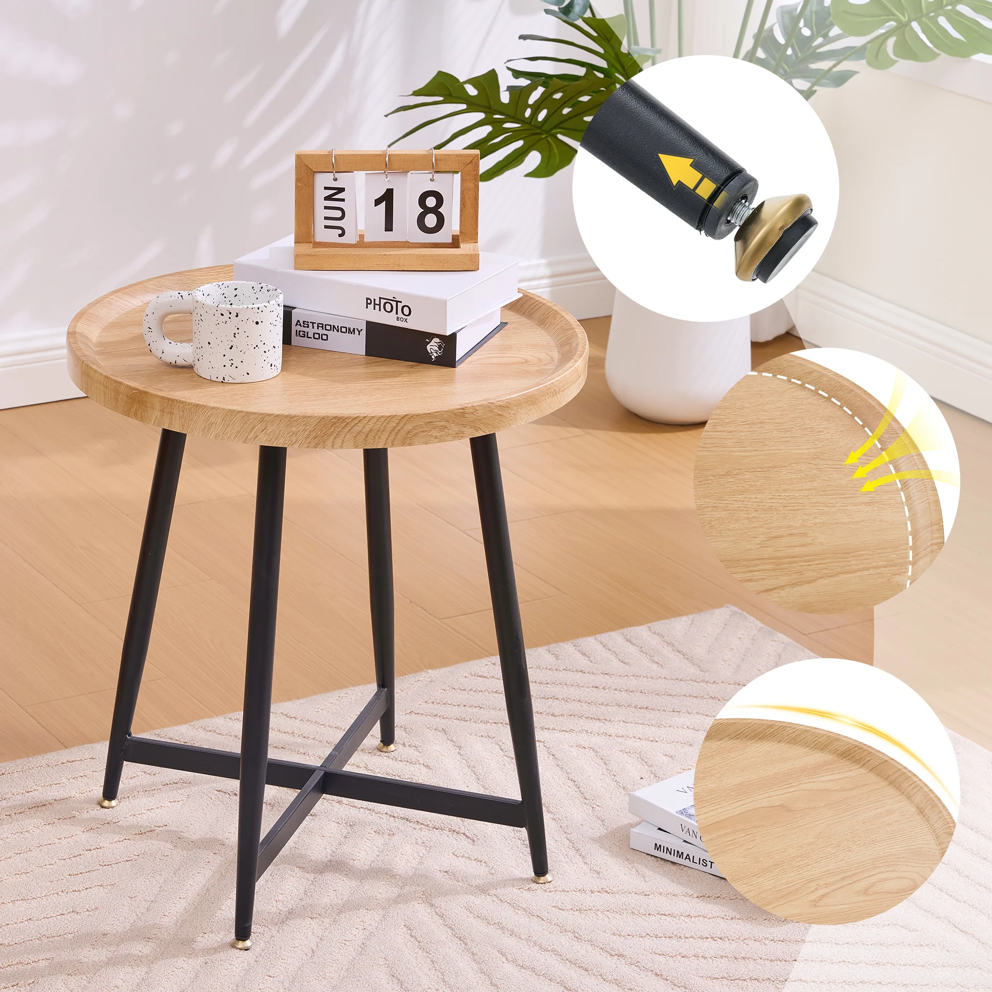 Round Side Table Modern Minimalist Compact - Wood/Metal Frame