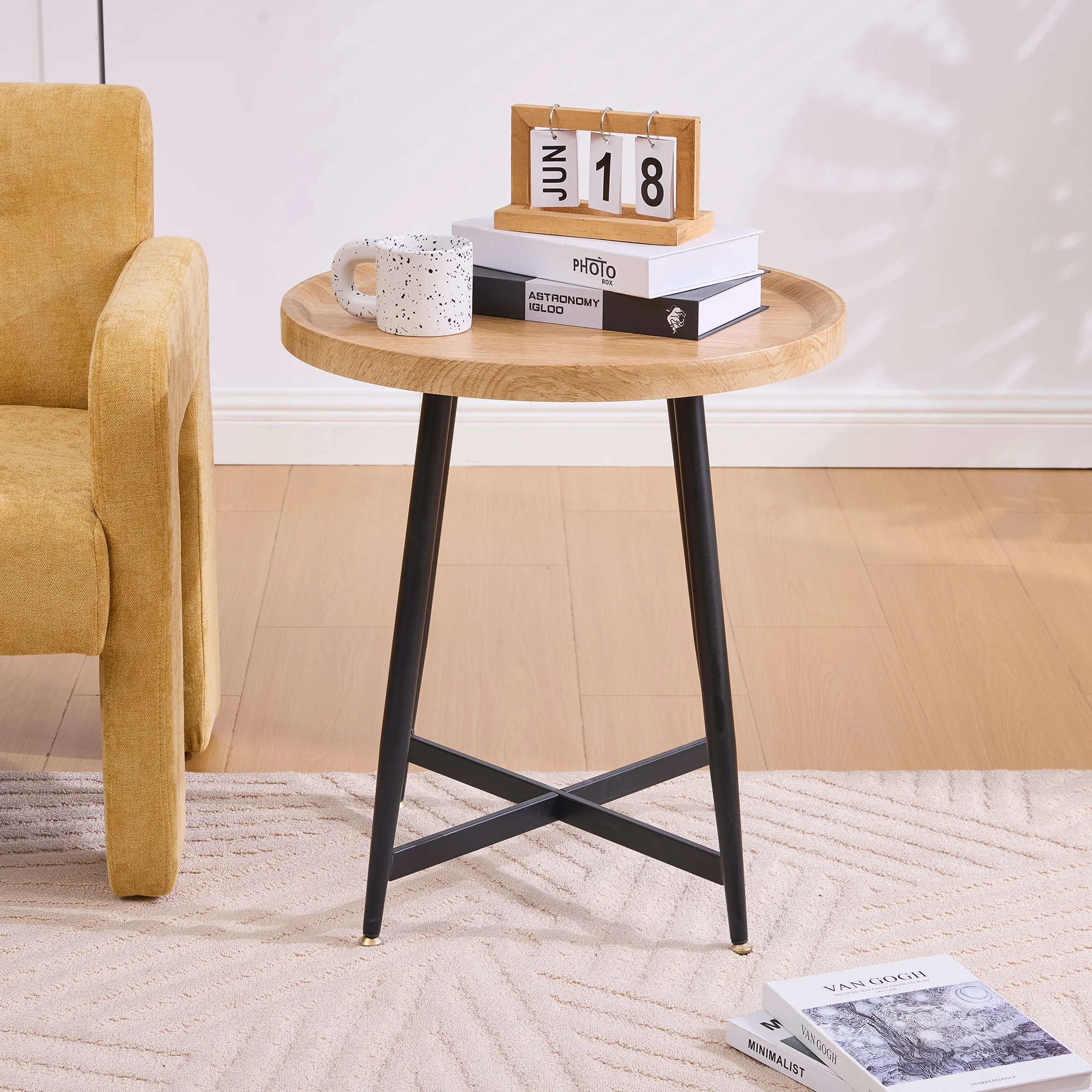 Round Side Table Modern Minimalist Compact - Wood/Metal Frame - Image 10