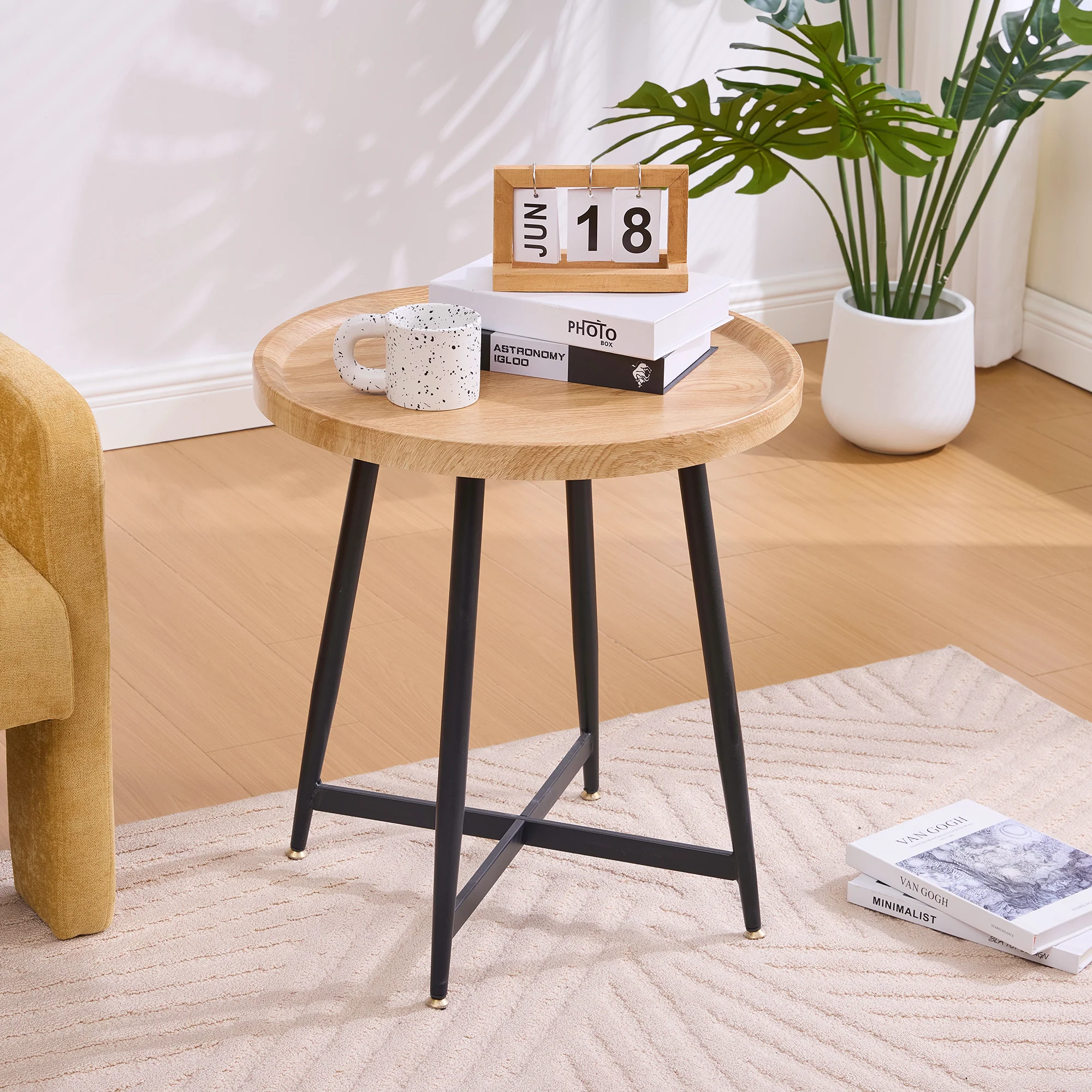 Round Side Table Modern Minimalist Compact - Wood/Metal Frame - Image 9