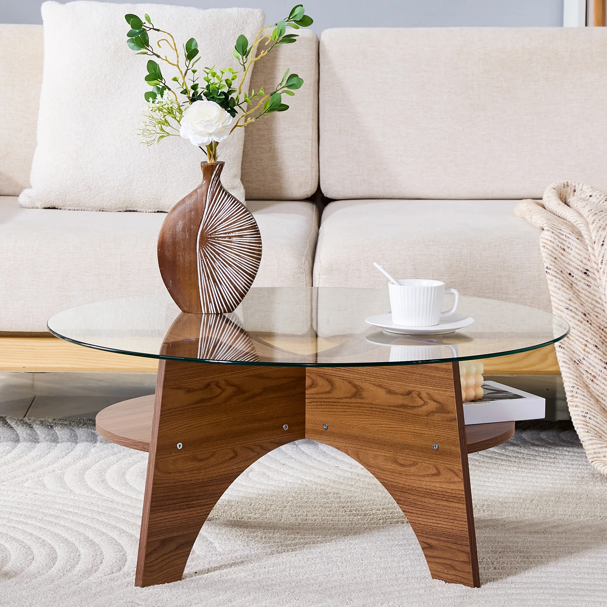 Round Side Table Ø 80 cm Safety Glass Top Multifunctional Walnut-Finish MDF - Image 2