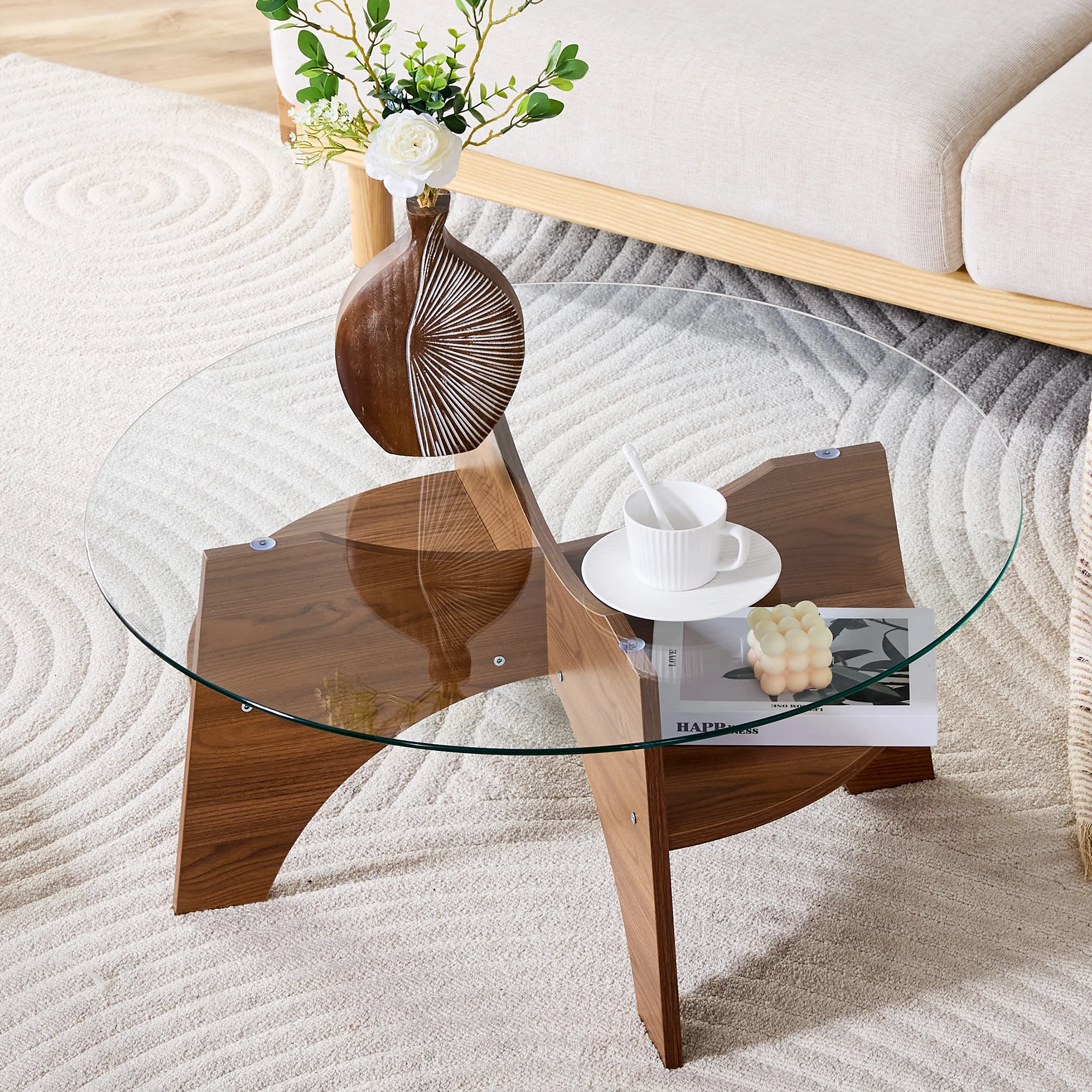Round Side Table Ø 80 cm Safety Glass Top Multifunctional Walnut-Finish MDF - Image 3