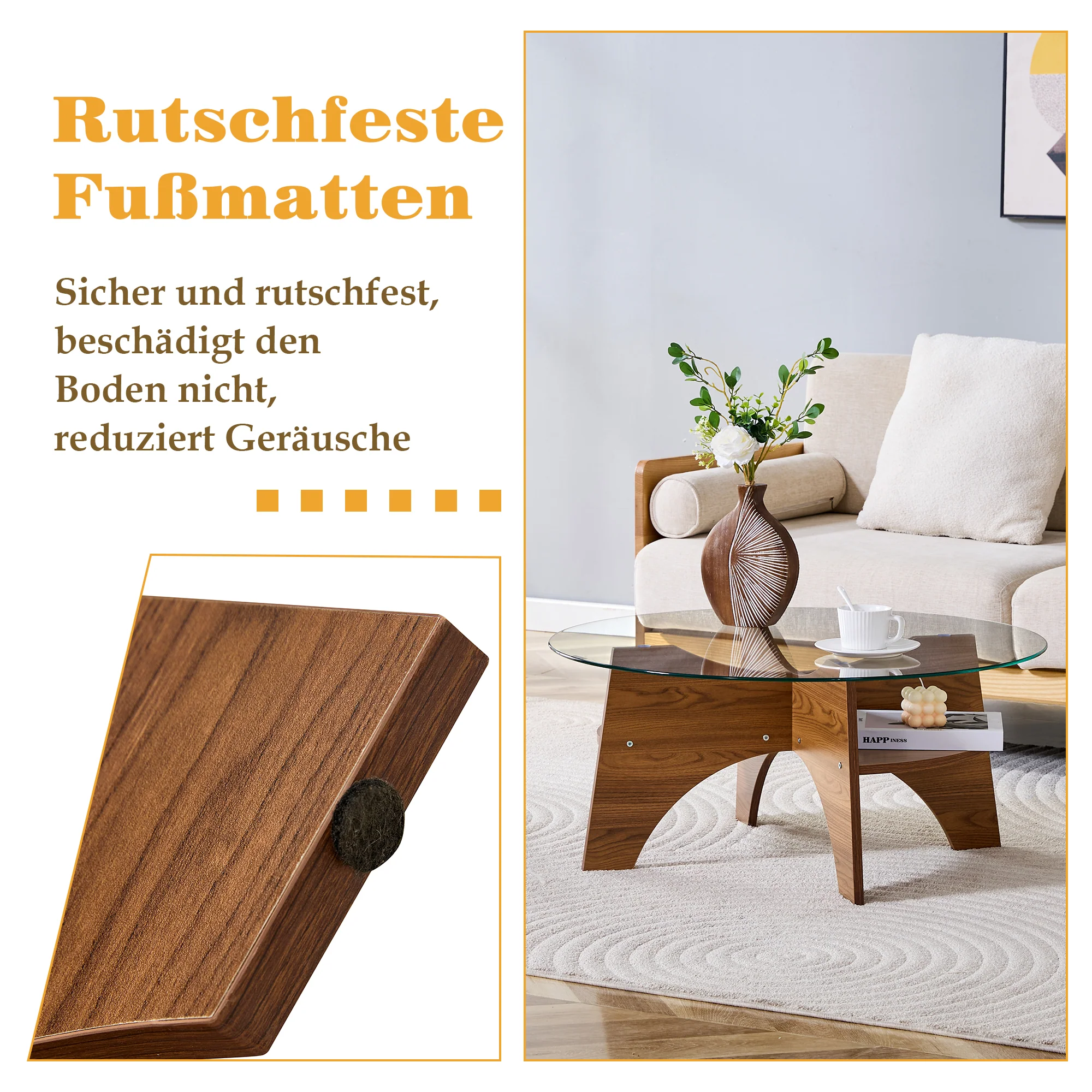 Round Side Table Ø 80 cm Safety Glass Top Multifunctional Walnut-Finish MDF - Image 4