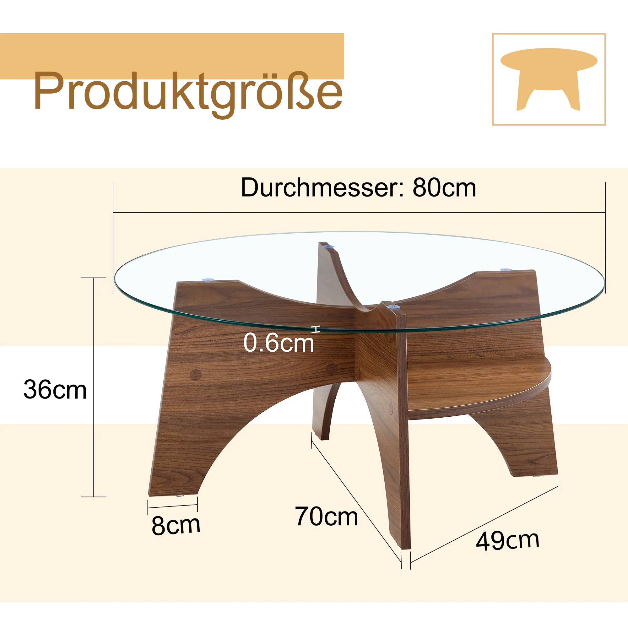 Round Side Table Ø 80 cm Safety Glass Top Multifunctional Walnut-Finish MDF - Image 5