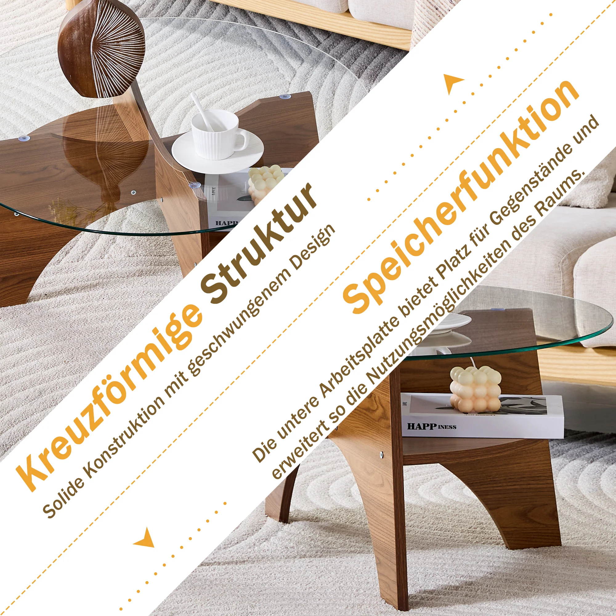 Round Side Table Ø 80 cm Safety Glass Top Multifunctional Walnut-Finish MDF - Image 7