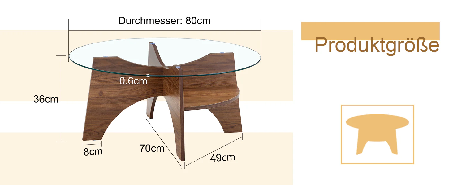 Round Side Table Ø 80 cm Safety Glass Top Multifunctional Walnut-Finish MDF - Image 8